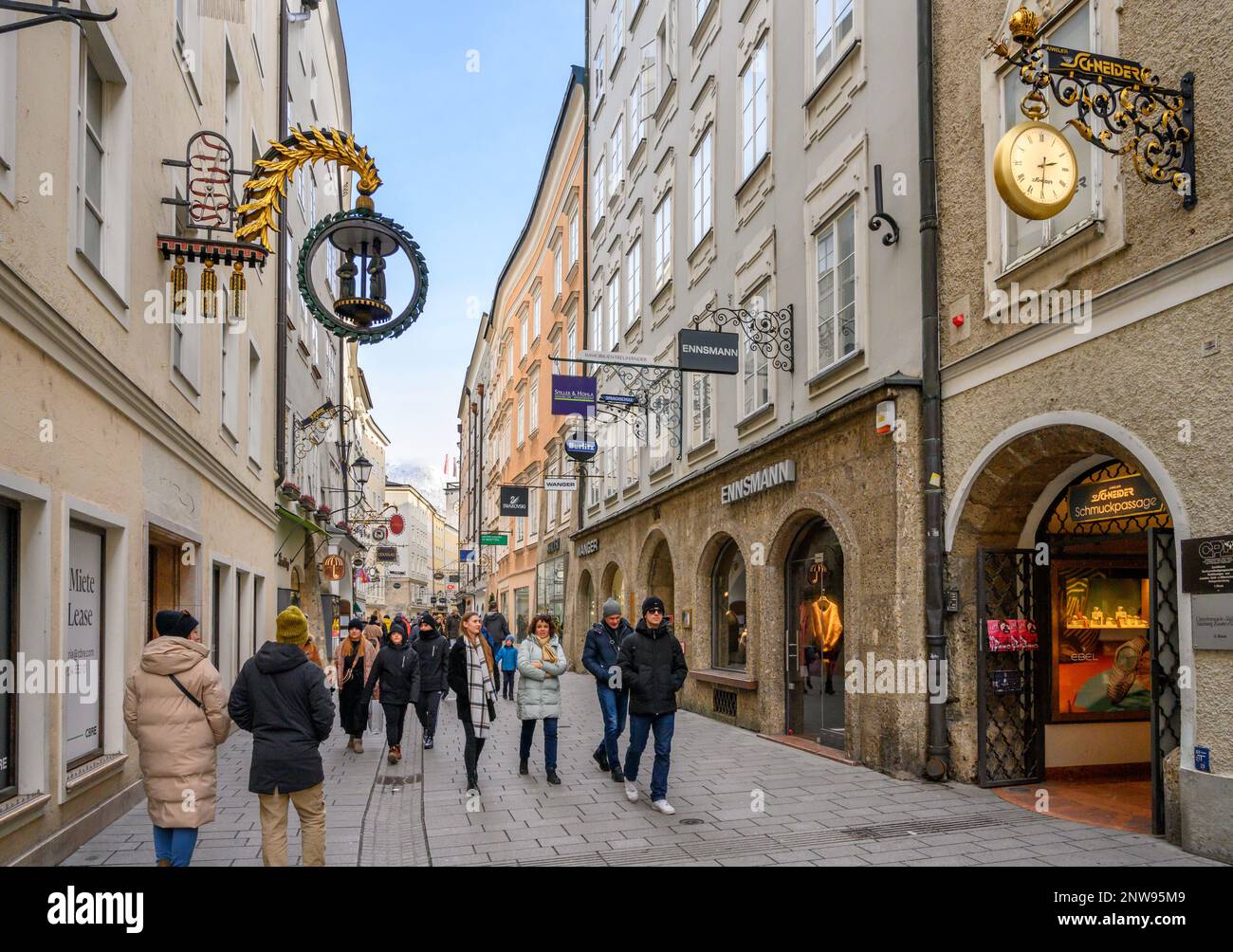 Shops on Getreidegasse in the historic centre, Salzburg, Austria Stock Photo