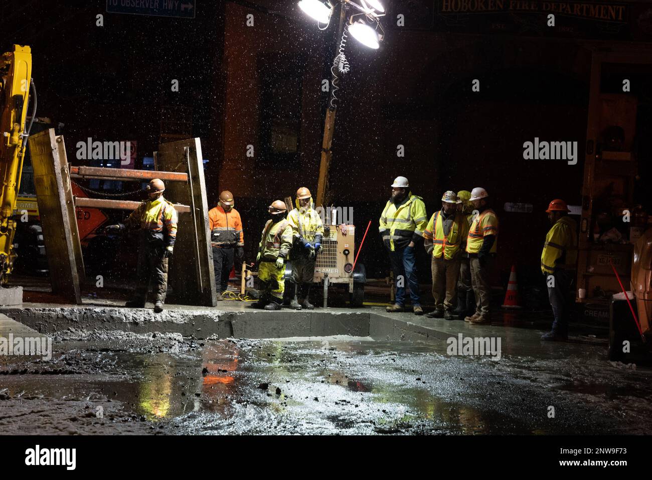 Hoboken, New Jersey, USA. 28th Feb, 2023. Repair crews work on a water main  break on Observer Highway in Hoboken, New Jersey. Earlier Public Service  Electric and Gas (PSE&G) broken open the