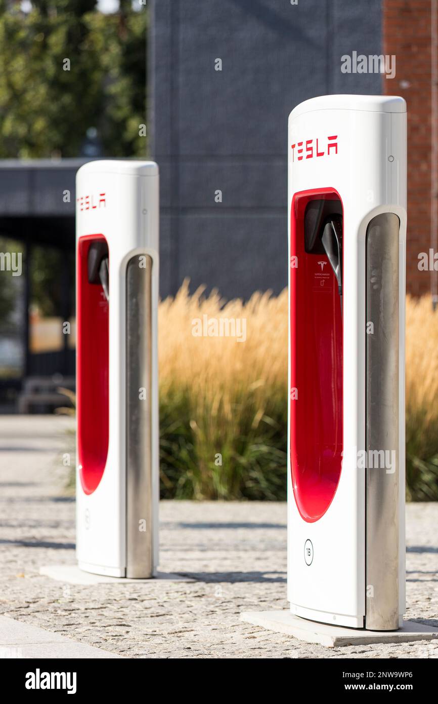 Berlin, Germany 09172020 Outdoor Tesla electric car public charging