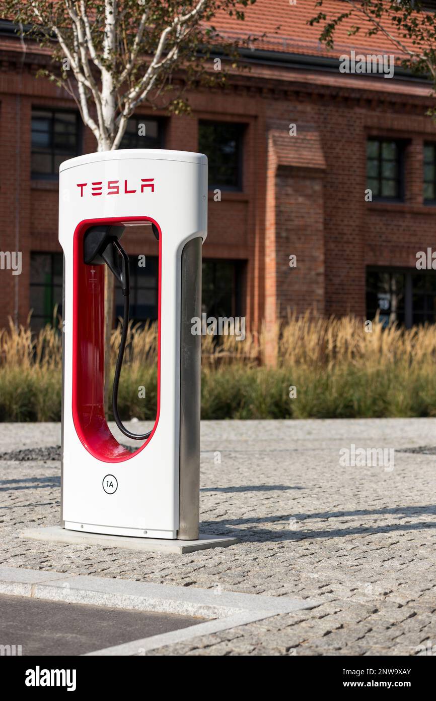 Berlin, Germany 09172020 Outdoor Tesla electric car public charging
