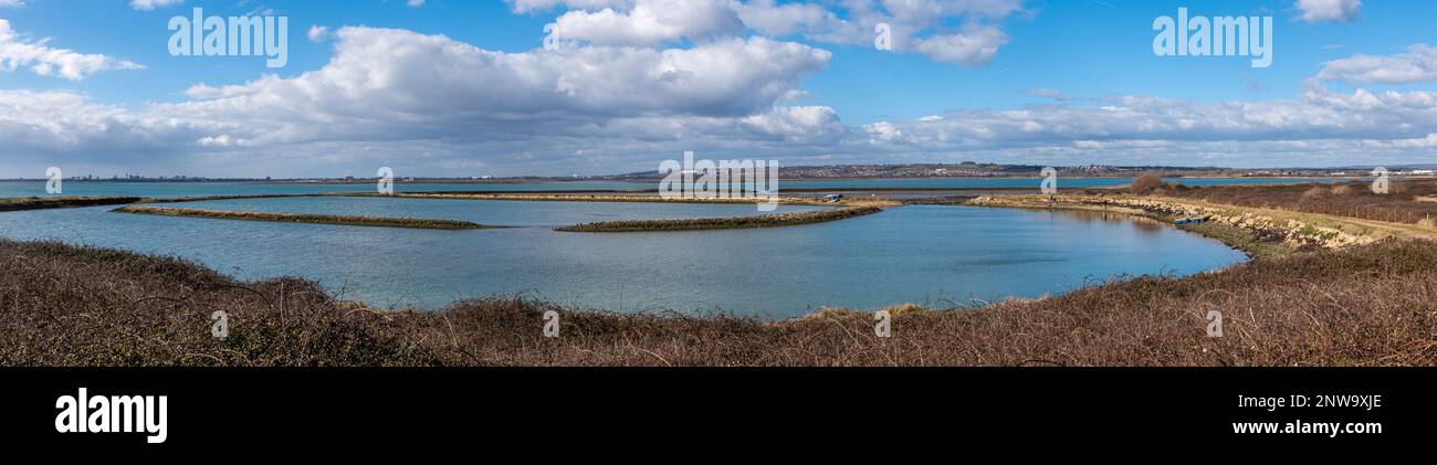 Panoramic view of Hayling Island Oyster Beds, now a coastal nature reserve in Hampshire, England, UK Stock Photo