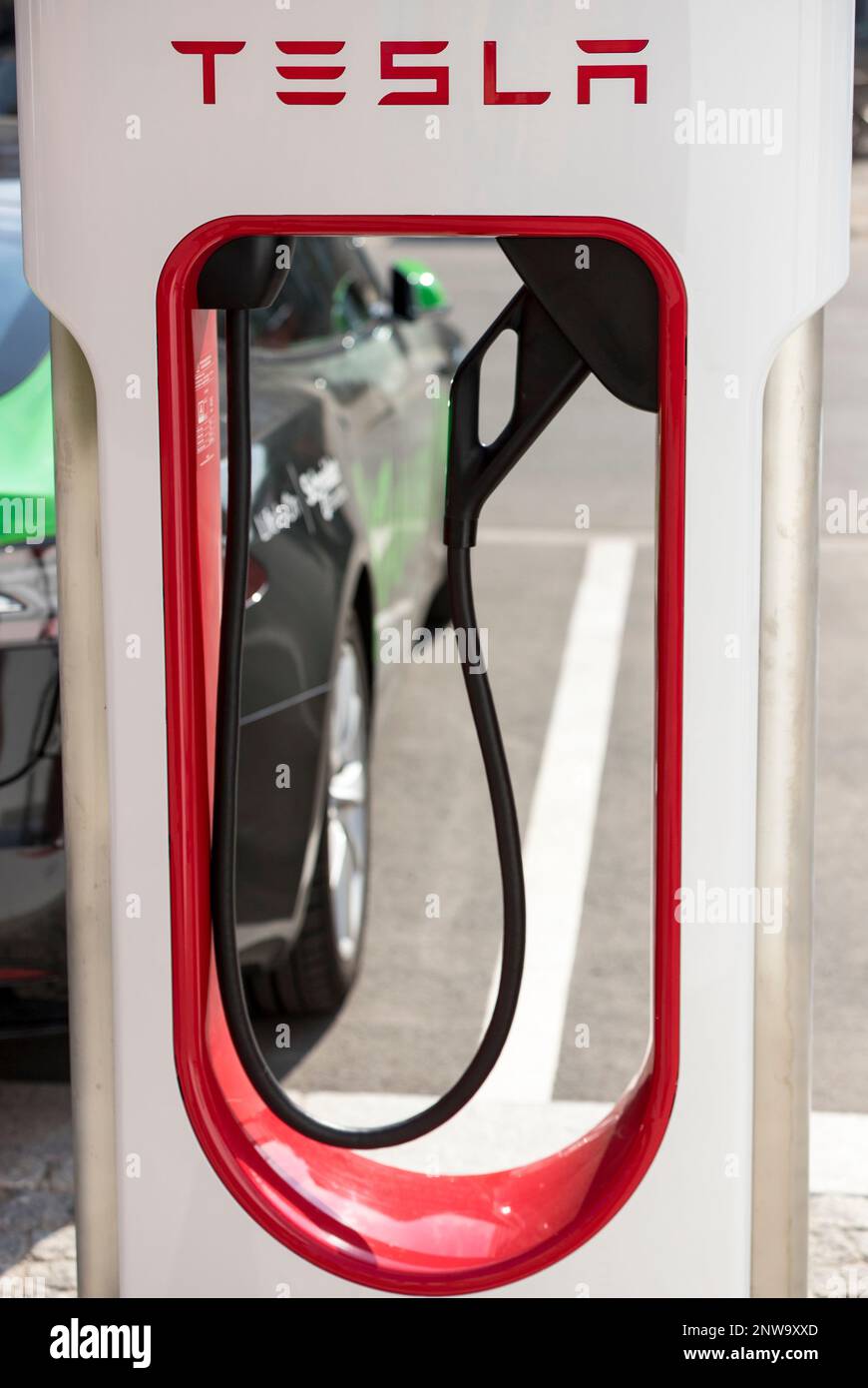 Berlin, Germany 09172020 Outdoor Tesla electric car public charging