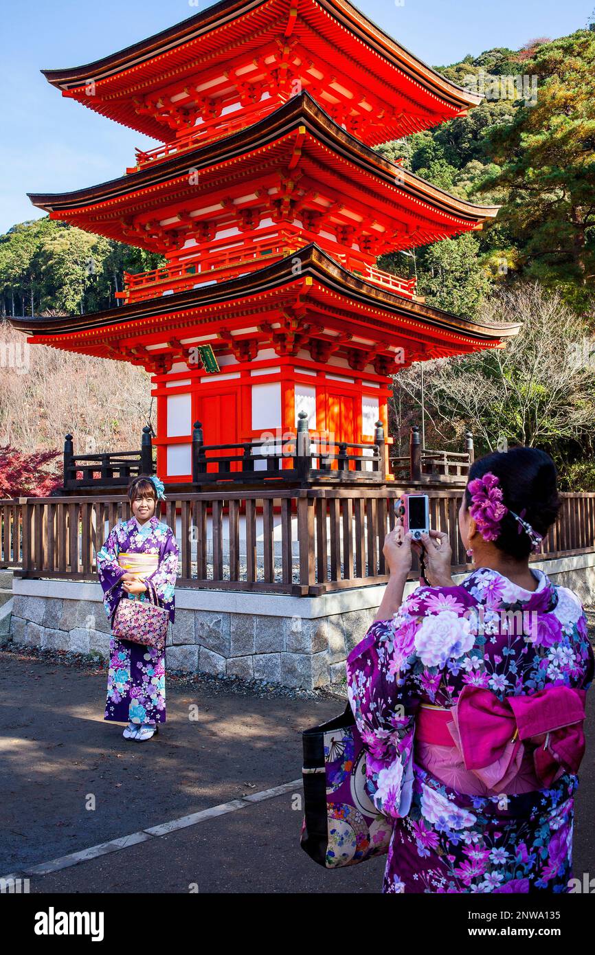Elegant woman in traditional kimono at Kiyomizu-dera Temple Kyoto with historic pagoda, representing long-term cultural impact and personal transformation