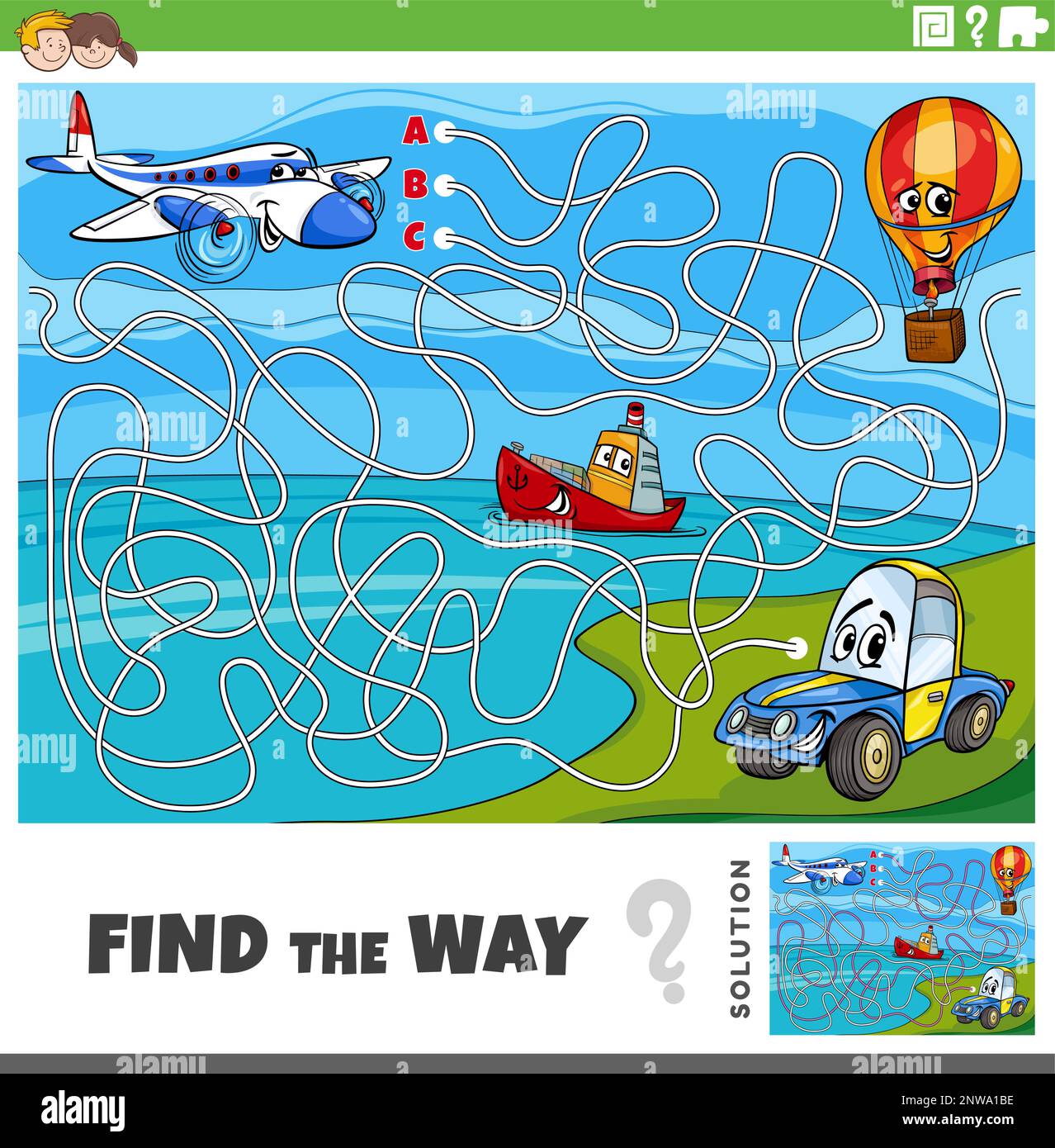 Cartoon illustration of find the way maze puzzle game with vehicles ...