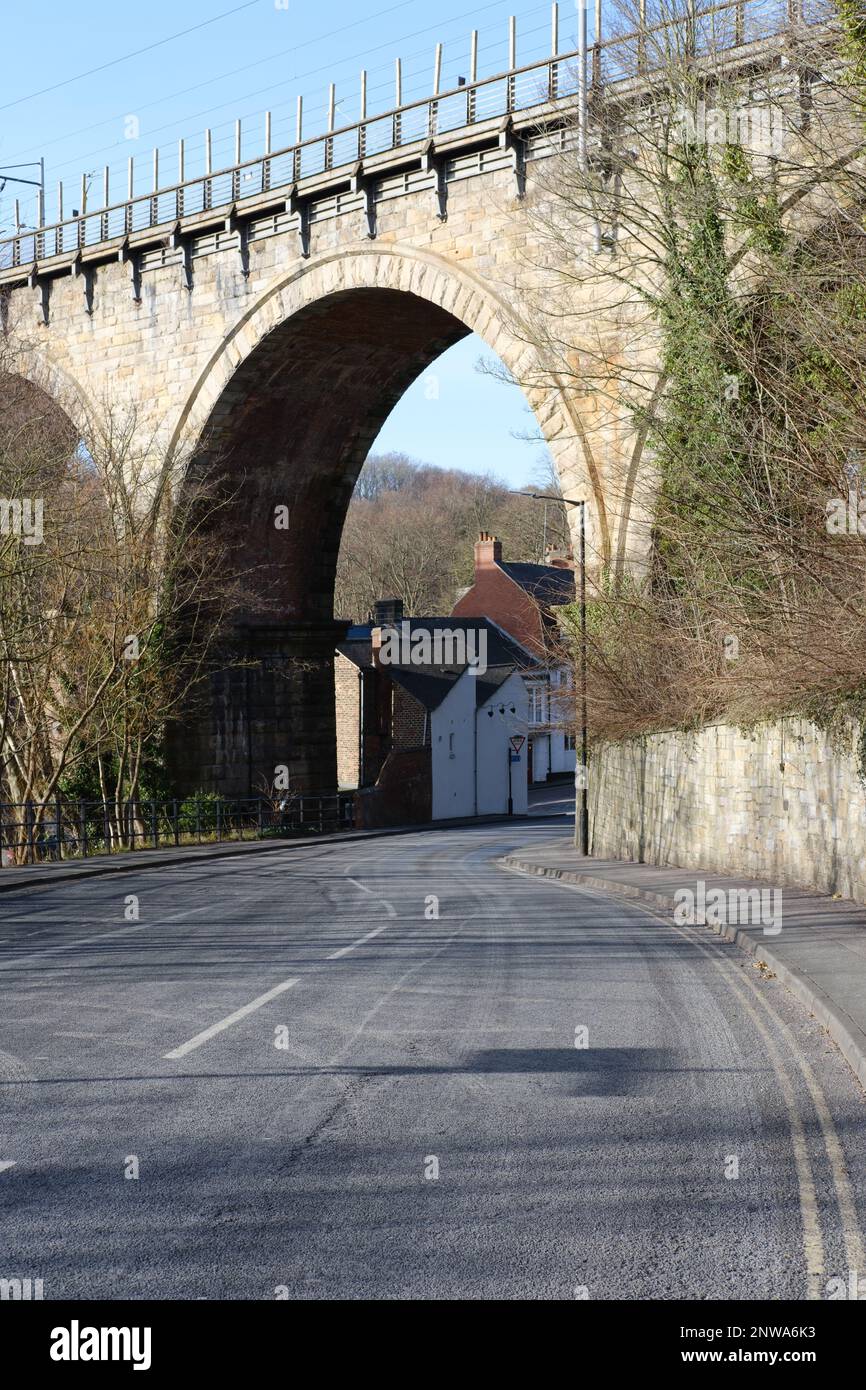 Grade II listed Railway Viaduct carrying the East Coast Main Line over the North Road in Durham City North East England Stock Photo