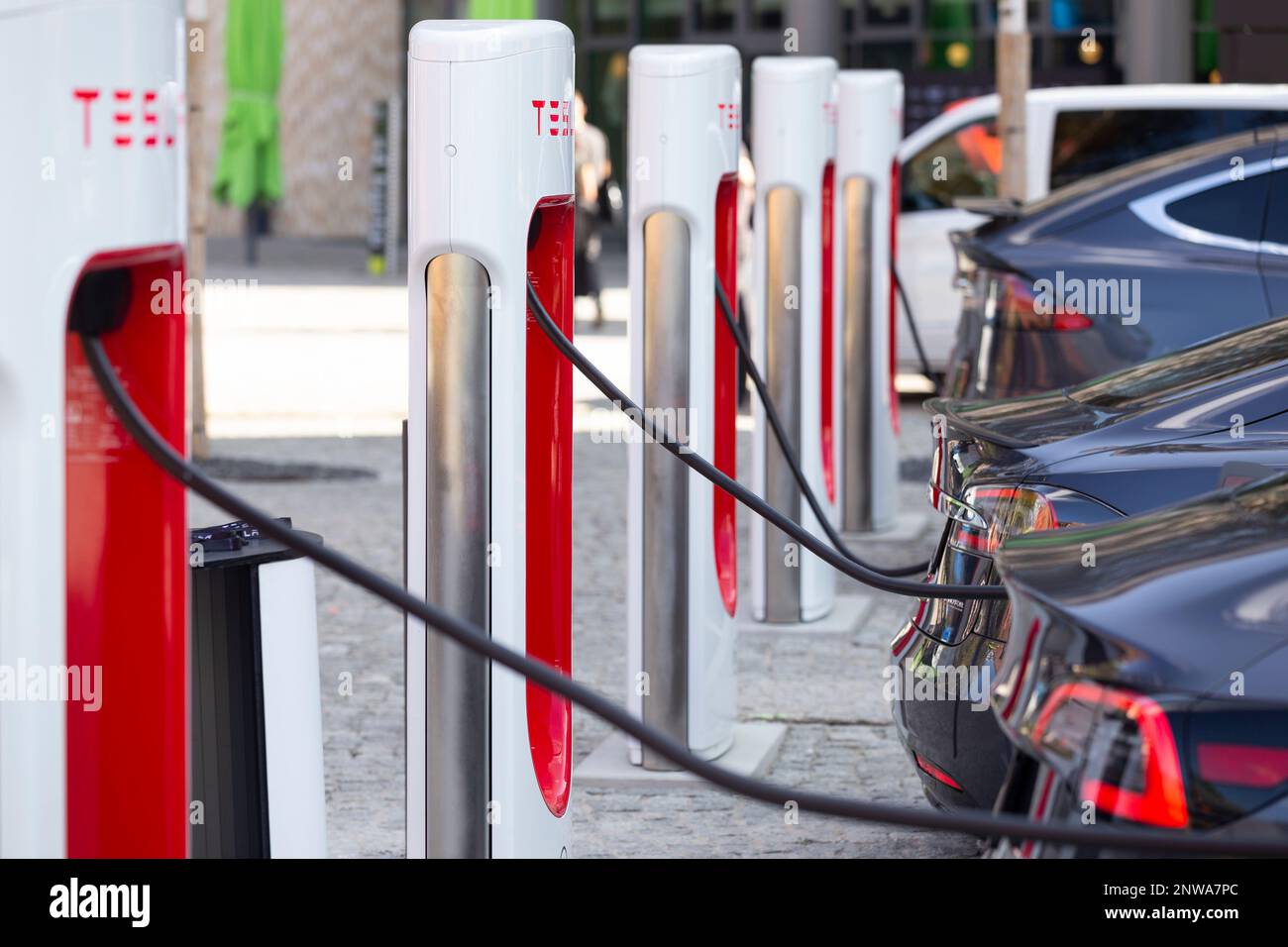 Berlin, Germany 09172020 Cars charging in outdoor Tesla electric car