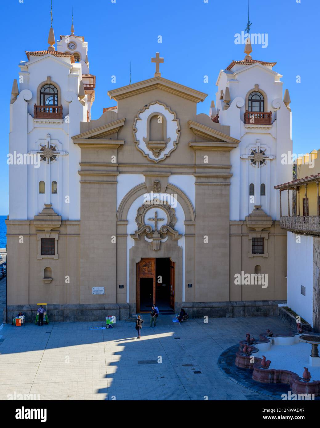 The facade of José Enrique Marrero Regalado's, neo-Canarian styled, Basilica of the Royal Marian Shrine of Our Lady of Candelaria, in Tenerife Stock Photo