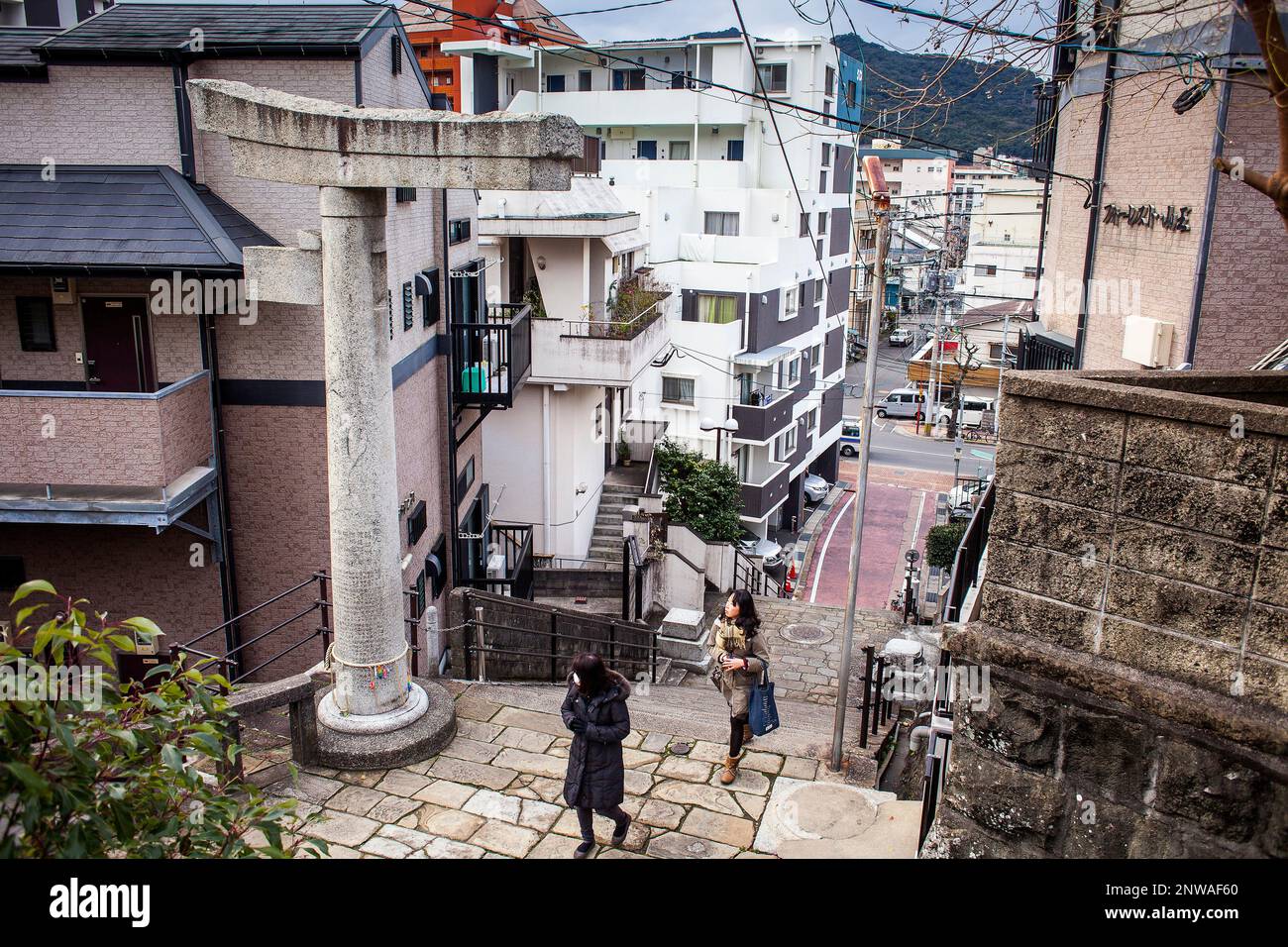 One-legged stone gate,Second Torii Arch at Sanno Shinto Shrine, Nagasaki, Japan. Stock Photo