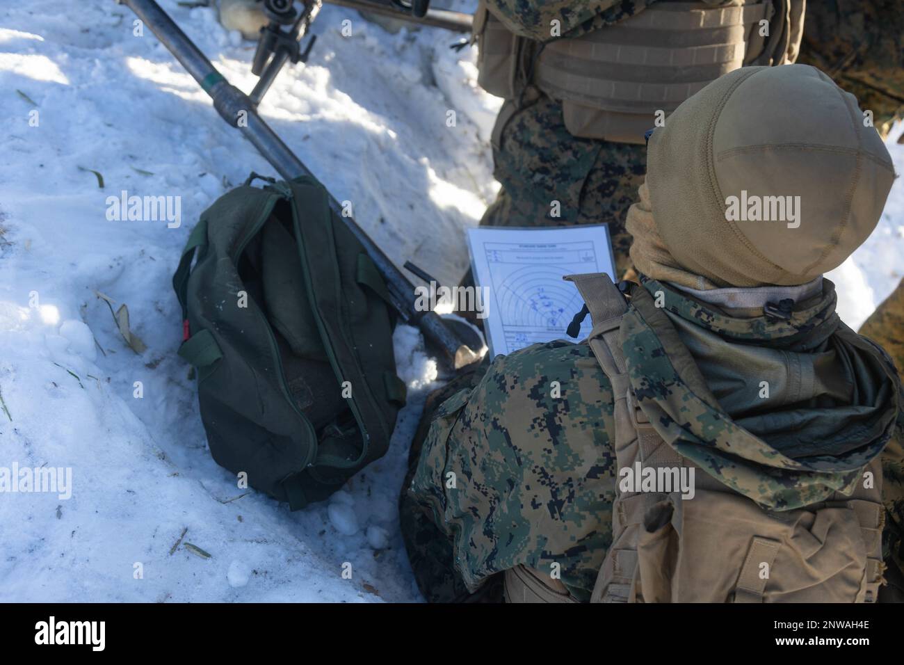 U.S. Marines with 3d Battalion, 12th Marines write a range card for an M2A1 machine gun during Artillery Relocation Training Program 22.4 at the Yausubetsu Maneuver Area, Hokkaido, Japan, Jan. 28, 2023. The skills developed at ARTP increase the proficiency and readiness of the only permanently forward-deployed artillery unit in the Marine Corps, enabling them to provide precision indirect fires. Stock Photo