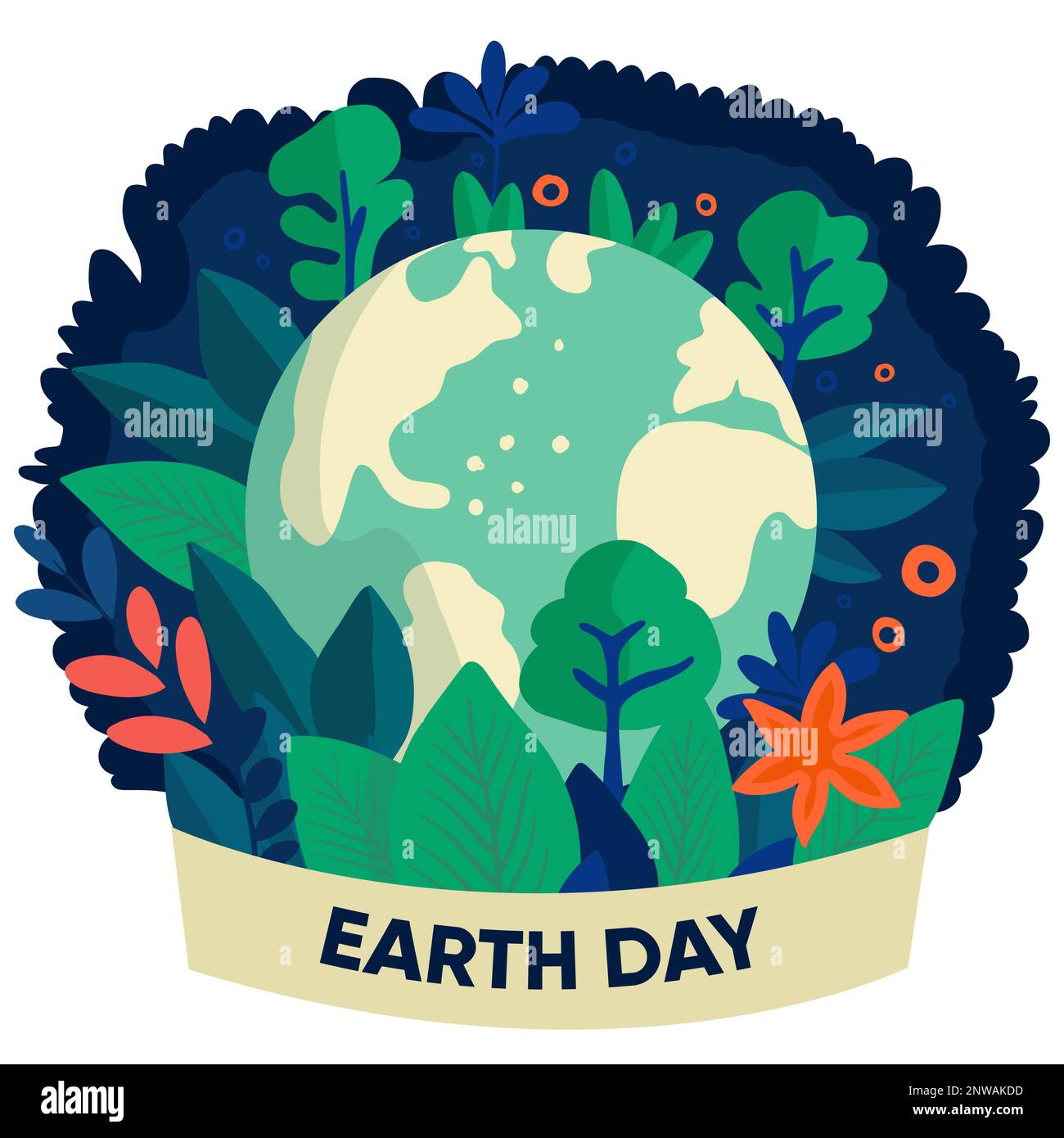 Earth day illustration. Earth globe with leaves, trees and flowers ...