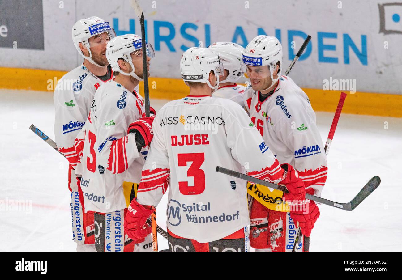 Lausanne Switzerland, 02/28/2023: The SCRJ Lakers celebrates during The 50th game of the regular season of the Swiss National League 2022-2023. The 50th day of the regular season between Lausanne HC and the SCRJ Lakers of Rapperswil-Jona and St. Gallen took place in the Vaudoise Arena in Lausanne. (Crédit : Eric Dubost/Alamy Live News). Stock Photo
