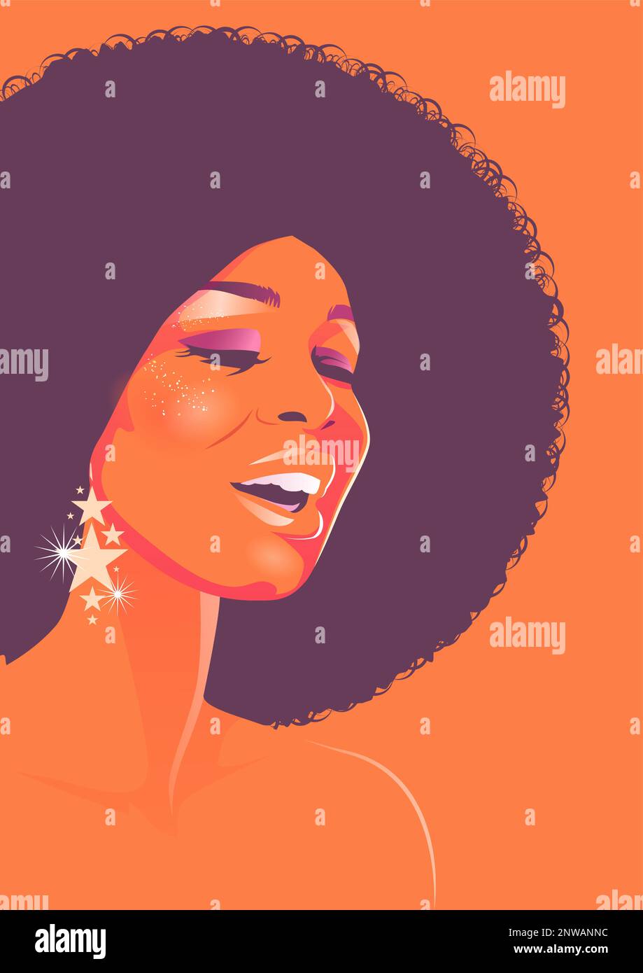 Beautiful singer woman with afro style curly hair, acid colors. Psychedelic makeup. Poster music soul, funk or disco style 60s or 70s Stock Vector