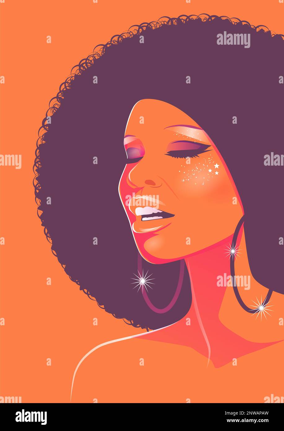 Beautiful singer woman with afro style curly hair, acid colors. Psychedelic makeup. Poster music soul, funk or disco style 60s or 70s Stock Vector