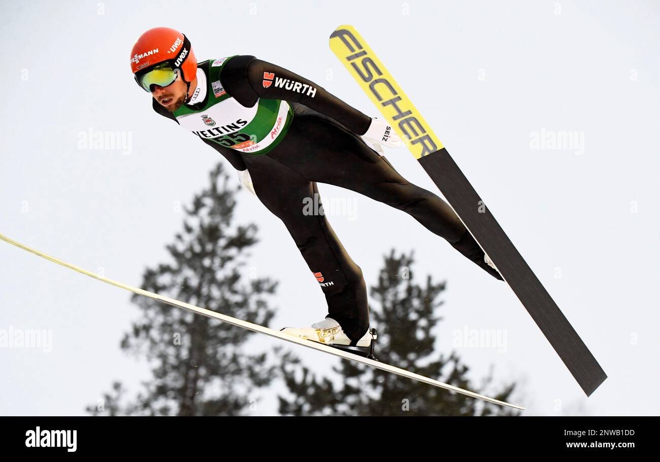 Johannes Rydzek of Germany competes during the Nordic Combined HS 142 Ski  Jumping Competition at the FIS Nordic Skiing World Cup in Ruka, Finland,  Saturday, Nov. 24, 2018. (Vesa Moilanen/Lehtikuva via AP