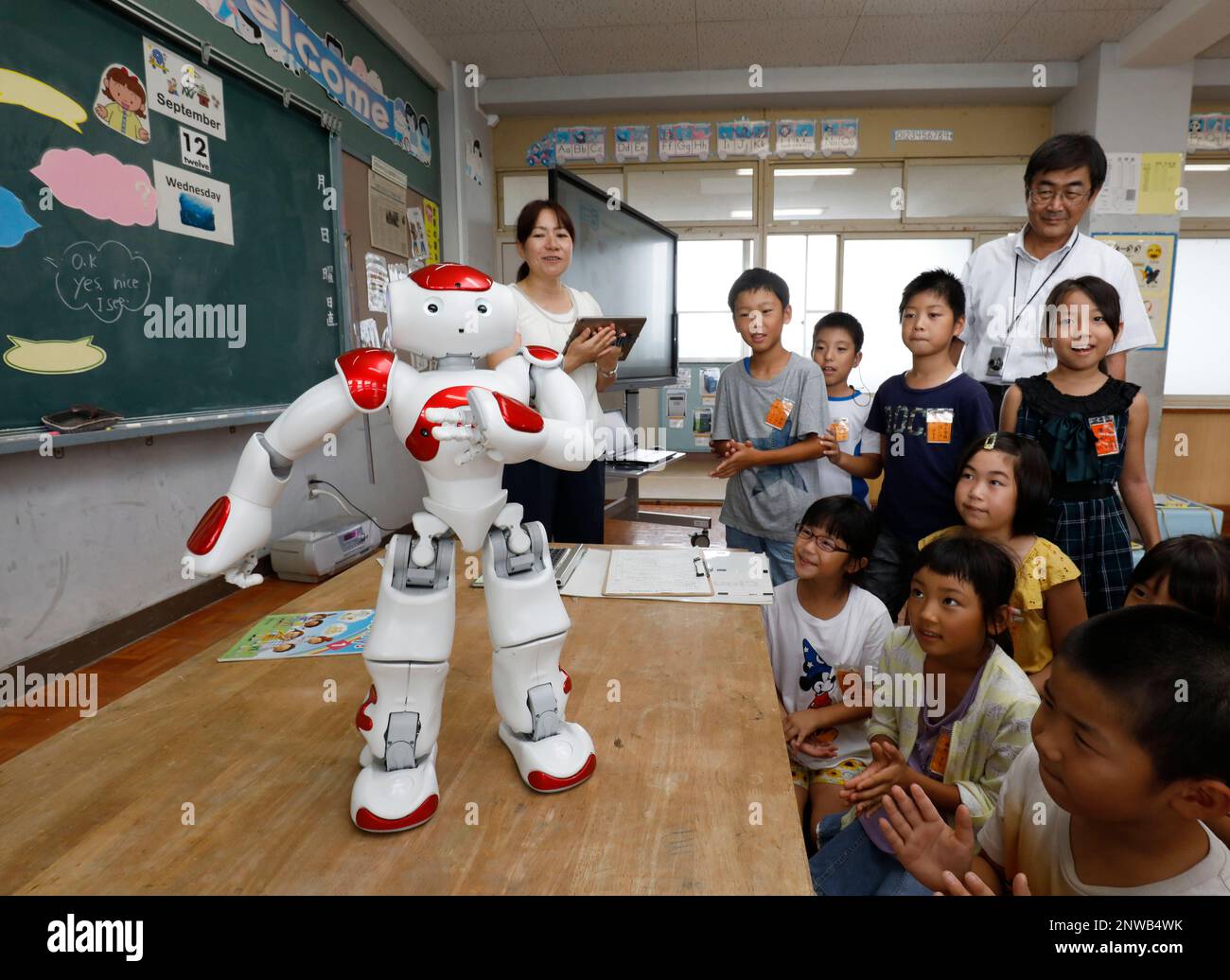 A humanoid robot NAO is pictured at Elementary School in Omuta City, Fukuoka Prefecture on September 12, 2018. Using robot and as the English teacher at elementary schools are spreading