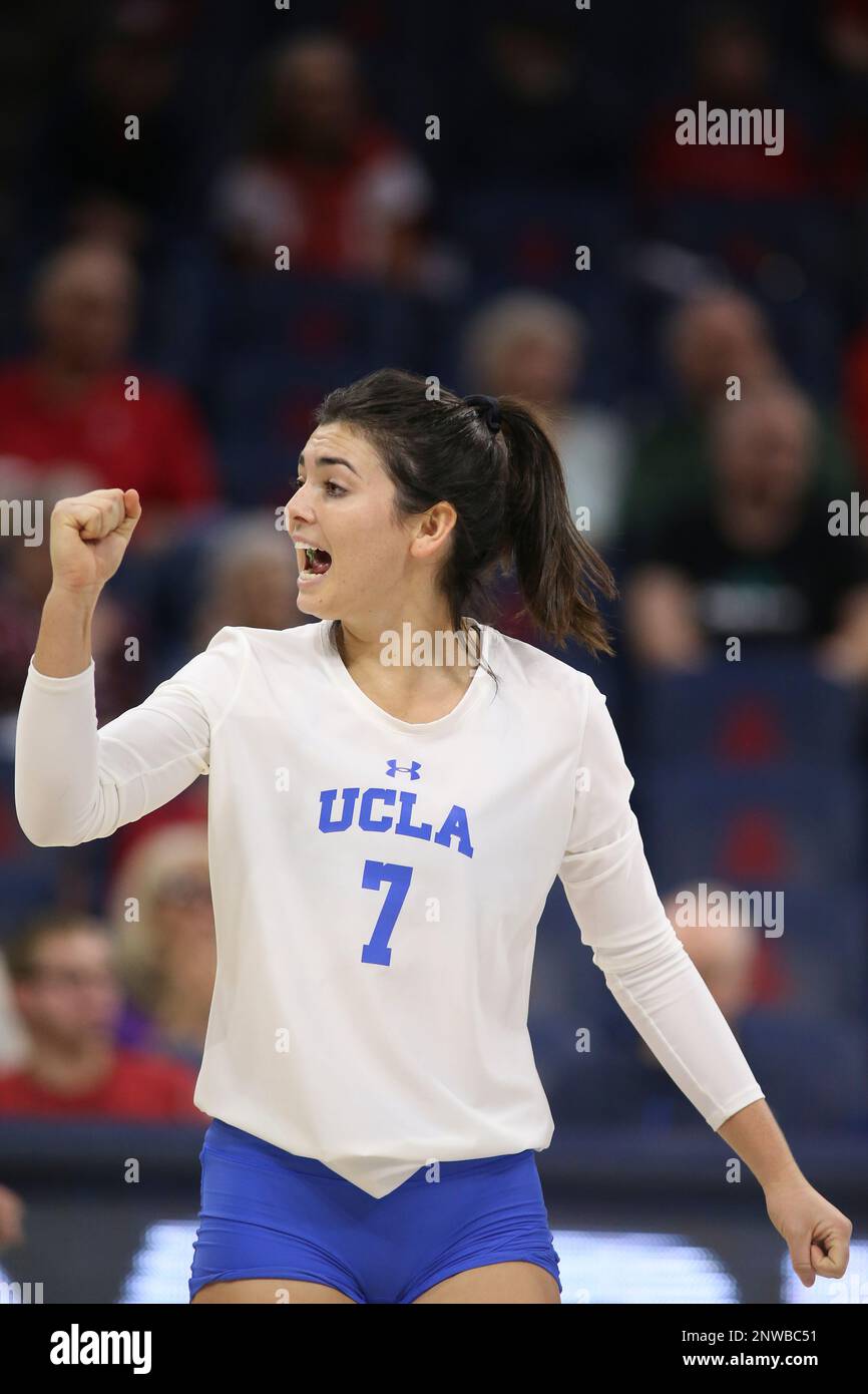 TUCSON, AZ - NOVEMBER 18: UCLA Bruins libero / defensive specialist Zana  Muno (7) celebrates during a college volleyball game between the Arizona  Wildcats and the UCLA Bruins on November 18, 2018,