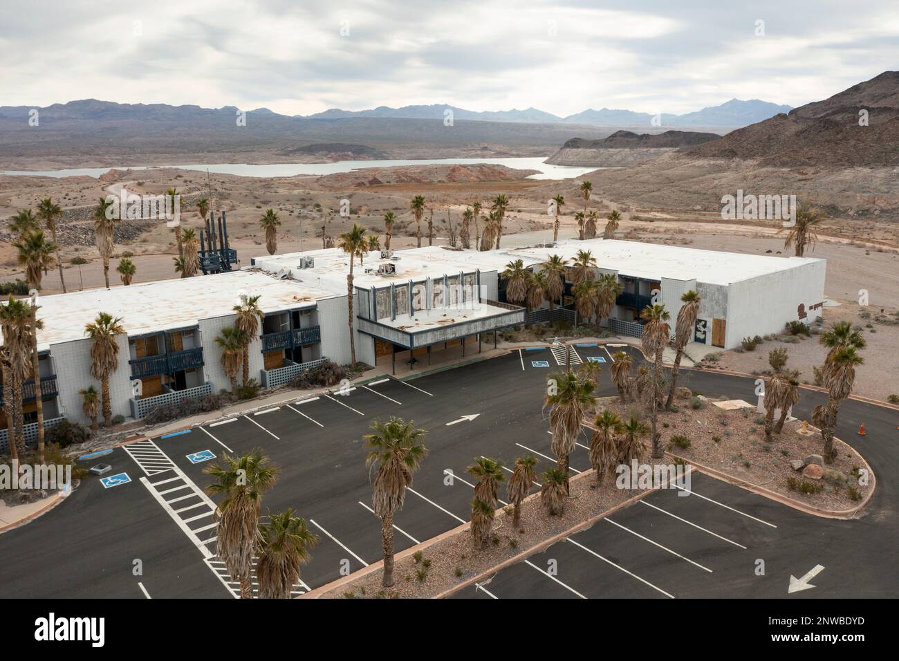 The boardedup Echo Bay Hotel and Resort, once a waterfront destination on Lake Mead, now stands