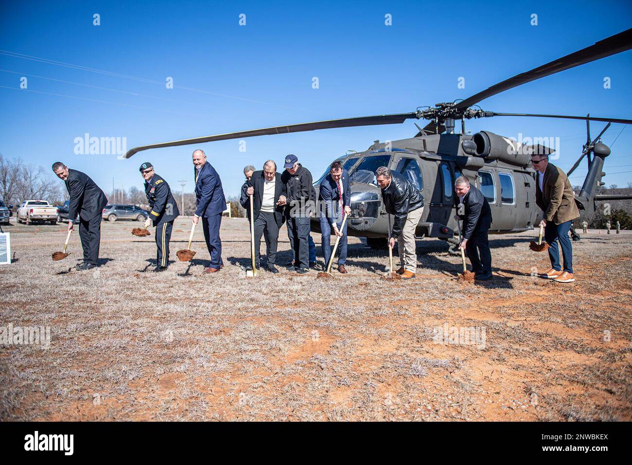 Oklahoma Governor Kevin Stitt (center), Representative Kevin Wallace (third from left), Maj. Gen. Thomas H. Mancino (second from left) and other state leaders break ground for the Oklahoma National Guard Joint Operations Center in Chandler, Oklahoma, Feb. 17, 2023. (Oklahoma National Guard photo by Anthony Jones) Stock Photo