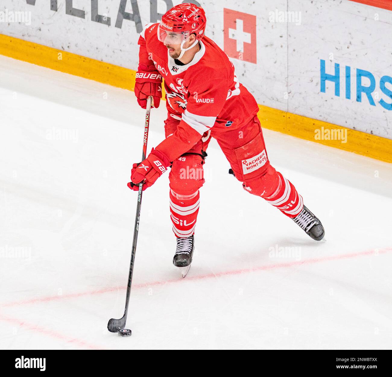 Lausanne Switzerland, 02/28/2023: Igor Jeloc of Lausanne Hc (49)  is in action during The 50th game of the regular season of the Swiss National League 2022-2023. The 50th day of the regular season between Lausanne HC and the SCRJ Lakers of Rapperswil-Jona and St. Gallen took place in the Vaudoise Arena in Lausanne. (Crédit : Eric Dubost/Alamy Live News). Stock Photo