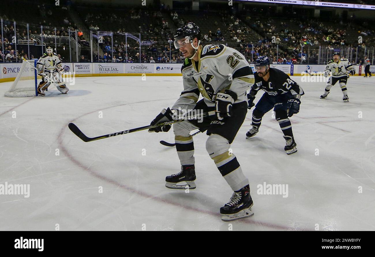 Wheeling Nailers defenseman Dane Birks (28) in front of Jacksonville