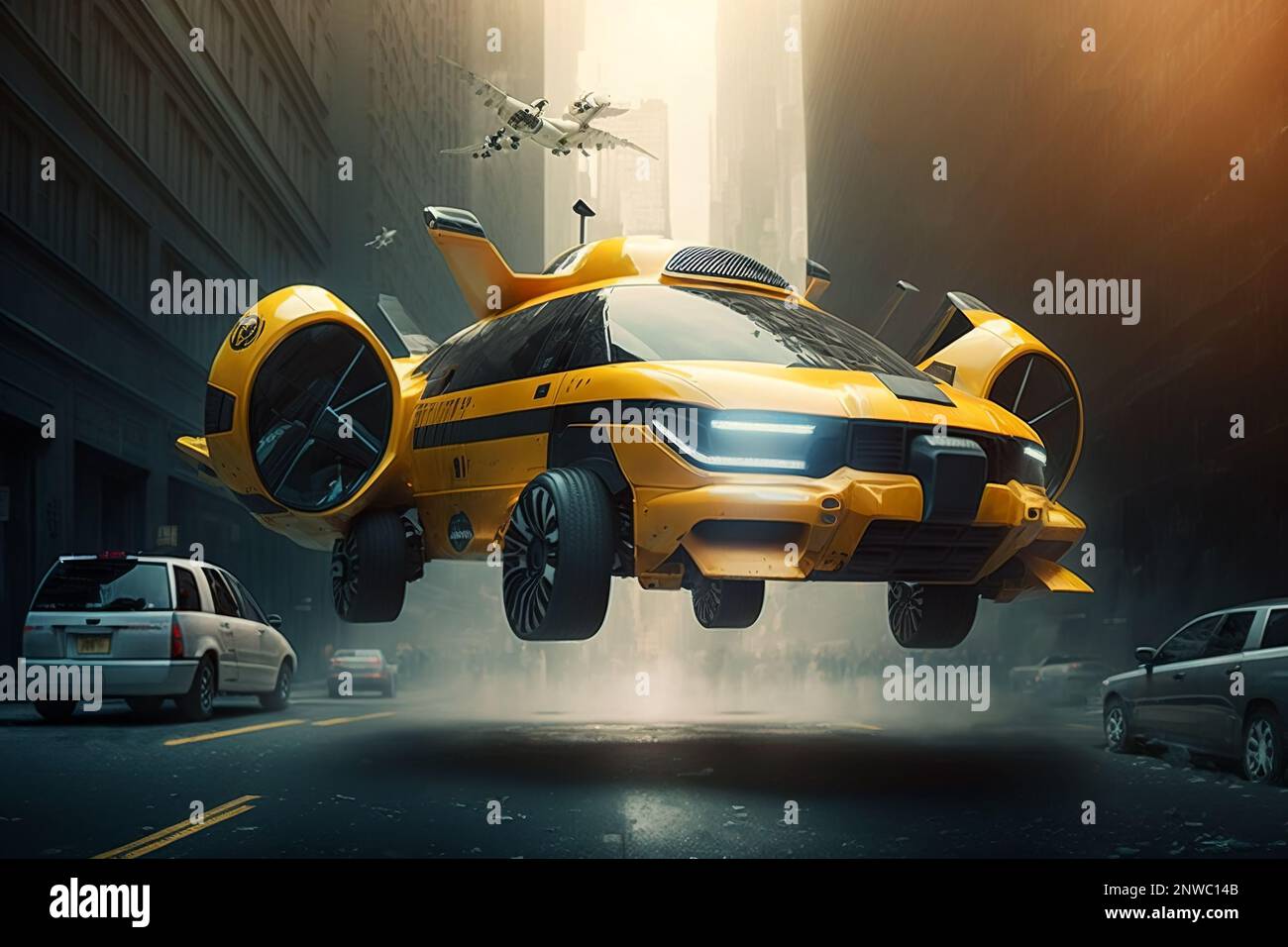 Air taxi car in city, futuristic flying yellow cab takes off or landing on street, generative AI. Flight of VTOL electric passenger vehicle. Concept o Stock Photo