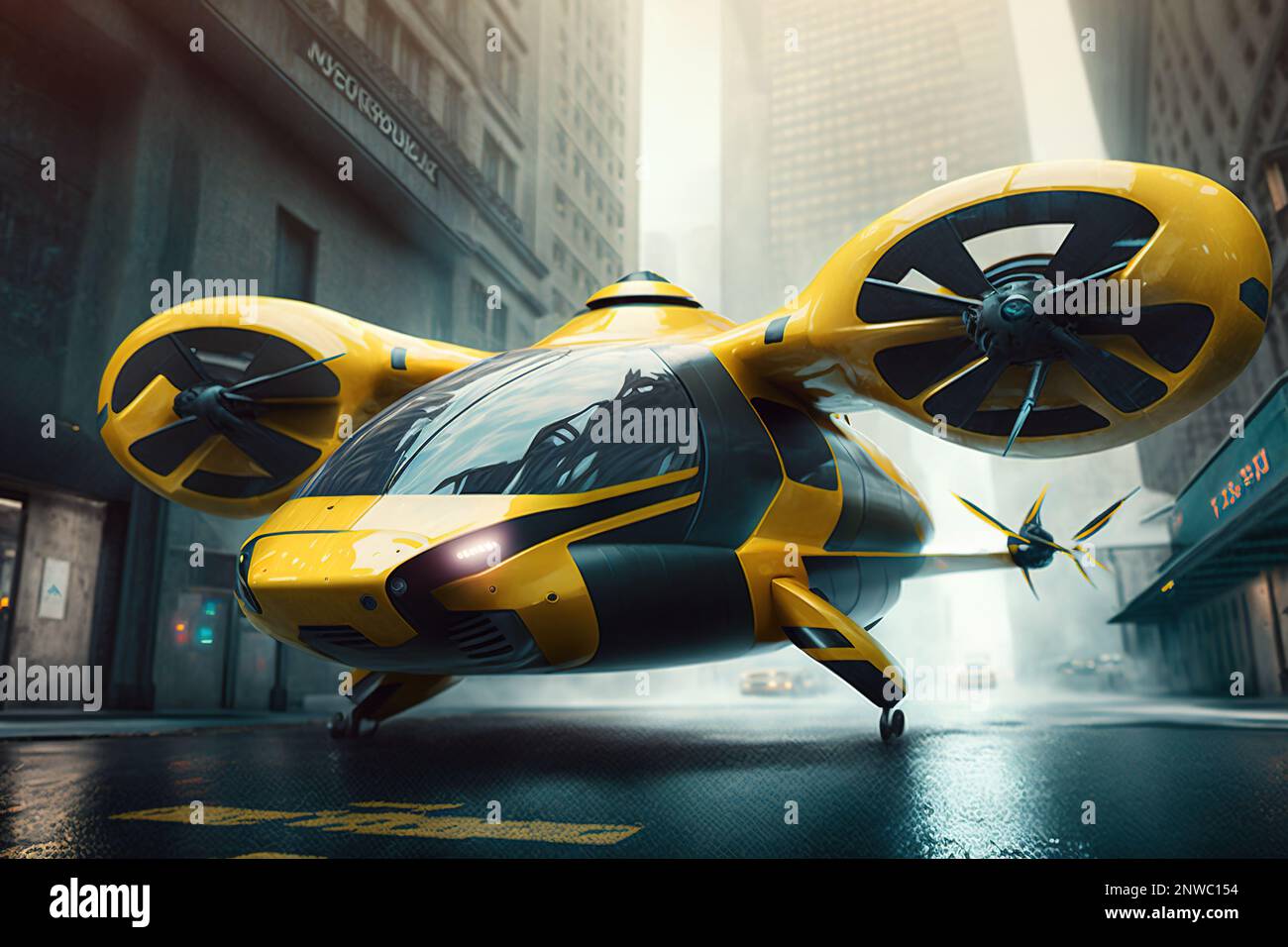 Air taxi car in city, futuristic yellow cab on urban parking, generative AI. VTOL electric vehicle waits passenger on street. Concept of future, mobil Stock Photo