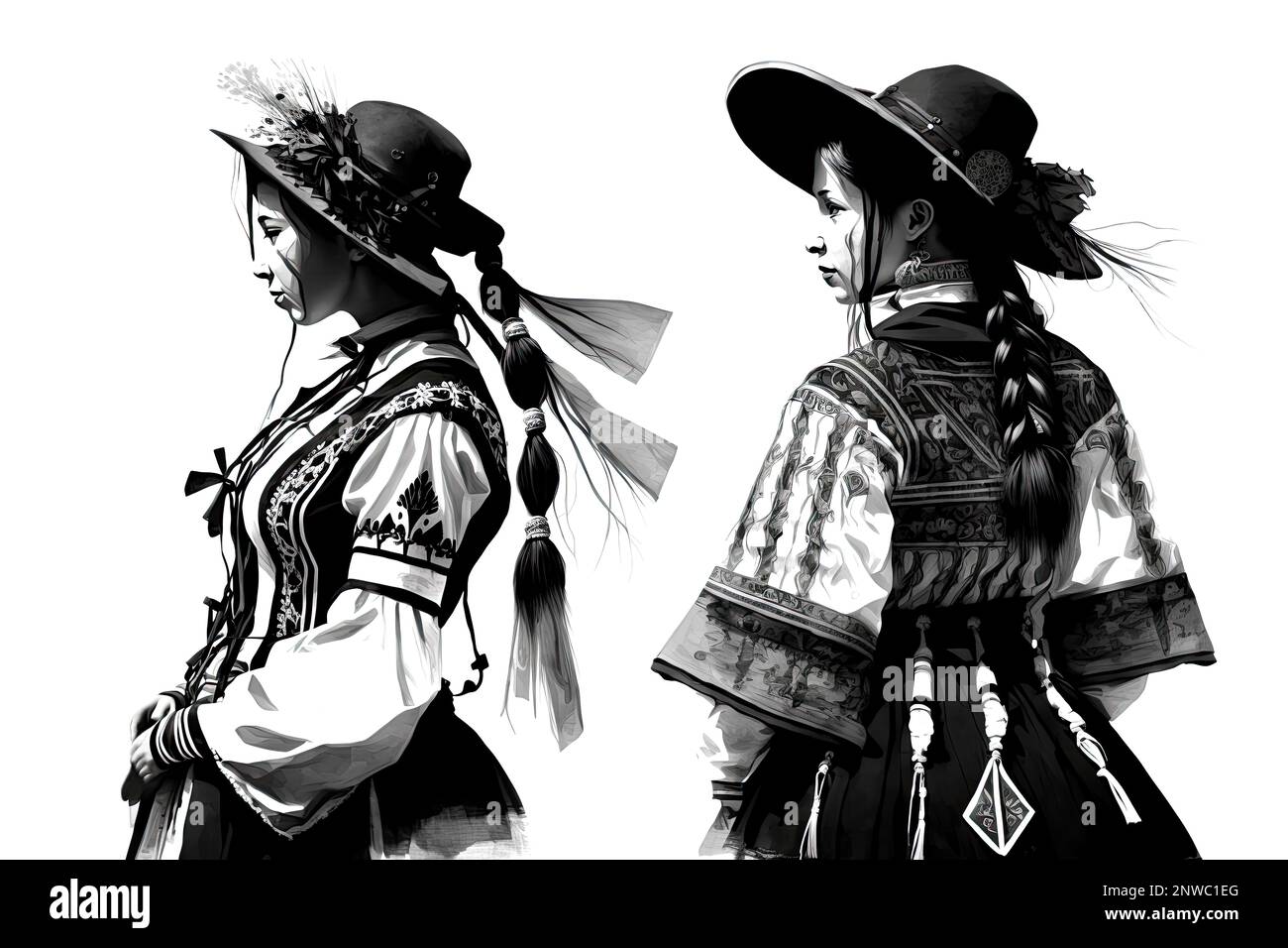 black and white drawing with two girls in national lace costumes with hats with large brim Stock Photo
