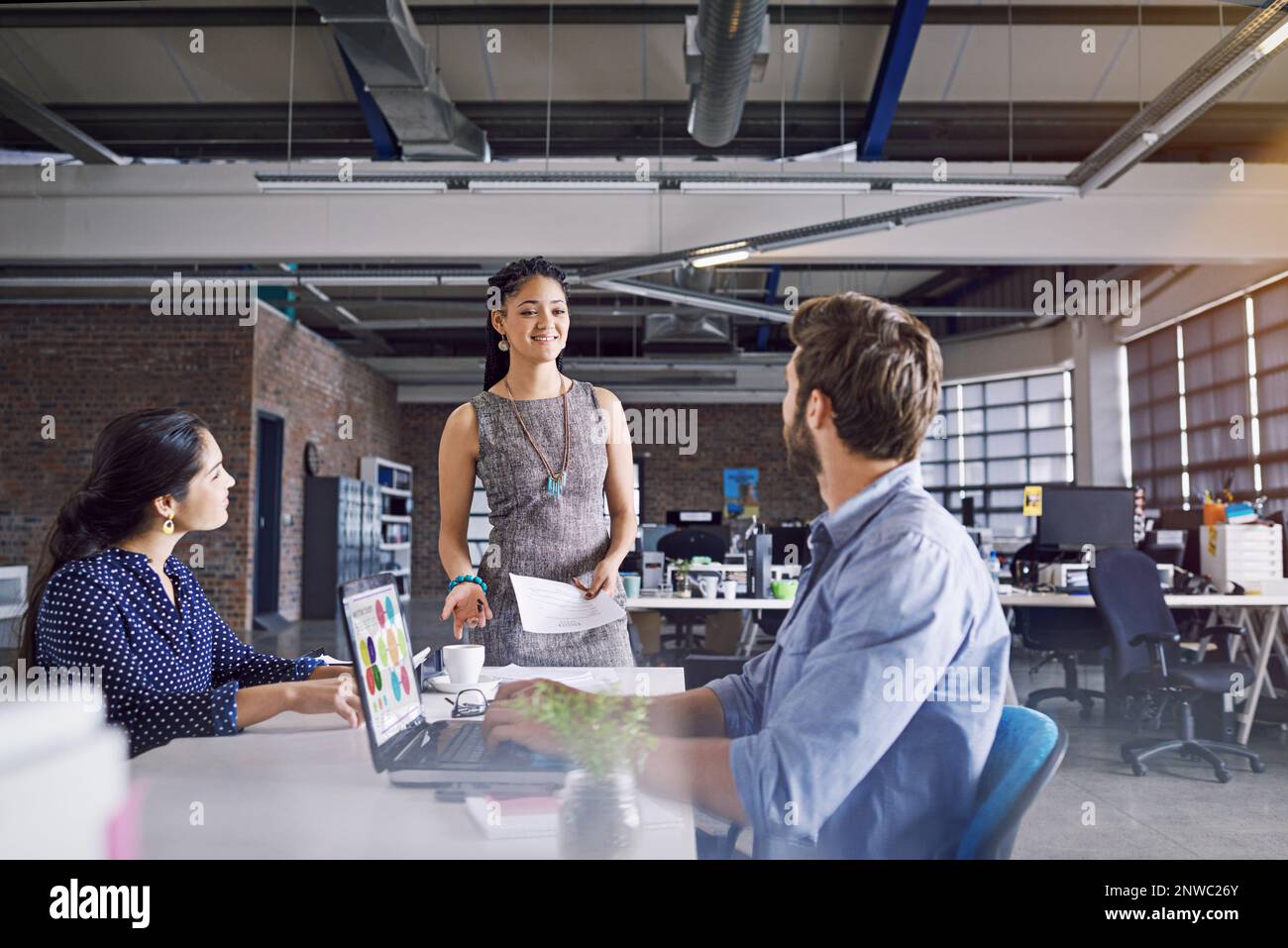 Speaker, feedback and planning with black woman and presentation for