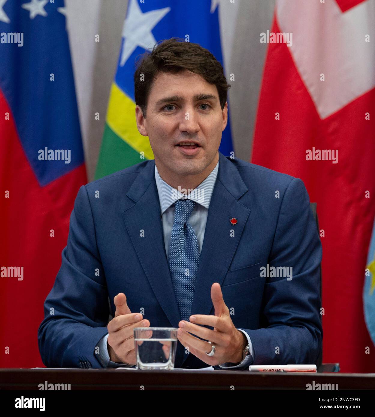 Canadian Prime Minister Justin Trudeau delivers opening remarks at a ...