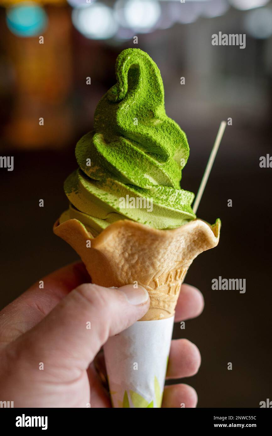 Green tea or matcha ice cream cone, Kamakura, Japan. Stock Photo