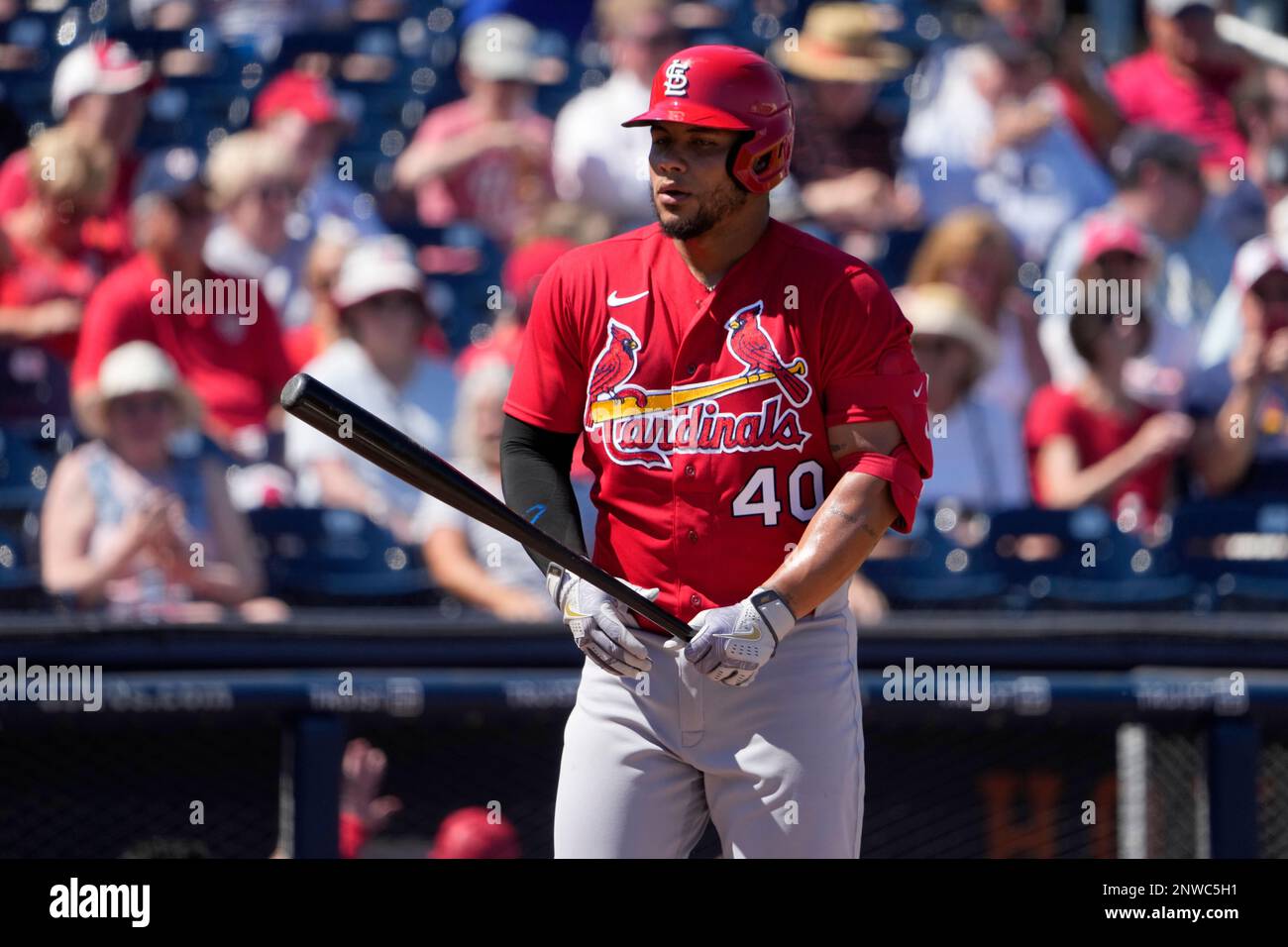 St. Louis Cardinals' Willson Contreras bats during the first inning of a  spring training baseball game against the Washington Nationals Tuesday,  Feb. 28, 2023, in West Palm Beach, Fla. (AP Photo/Jeff Roberson