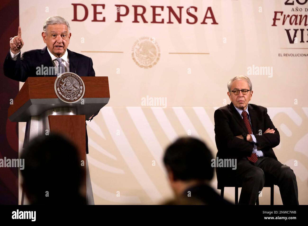 February 28, 2023, Mexico City, Mexico: The President of Mexico, Andres Manuel Lopez Obrador and the Secretary of Health of Mexico, Jorge Alcocer and the Undersecretary of Health, Hugo Lopez Gatell, at a press conference at the National Palace in the City of Mexico. on February 28, 2023 in Mexico City, Mexico (Photo by Luis Barron / Eyepix Group). Stock Photo