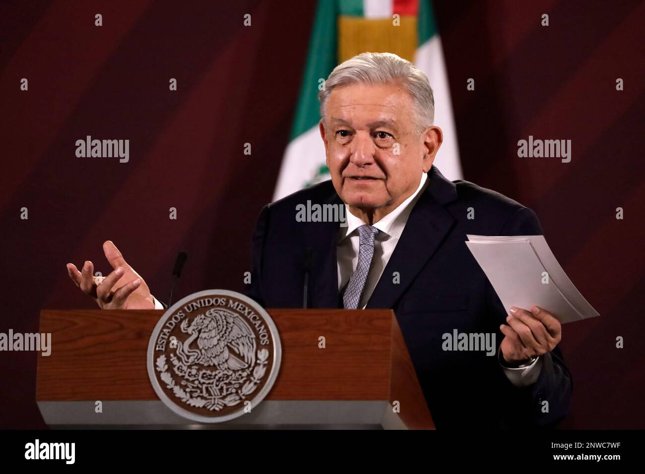 February 28, 2023, Mexico City, Mexico: The President of Mexico, Andres Manuel Lopez Obrador confirms the installation of the Tesla automotive assembly plant in Mexico, at a press conference at the National Palace in Mexico City. on February 28, 2023 in Mexico City, Mexico (Photo by Luis Barron / Eyepix Group). Stock Photo