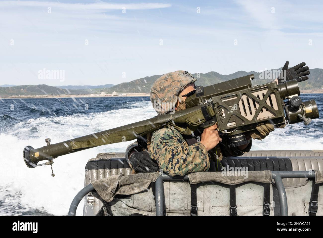 U.S. Marines with 3rd Low Altitude Air Defense Battalion, Marine Air Control Group 38, 3rd Marine Aircraft Wing, track an RQ-20 Puma with an FIM-92 Stinger surface-to-air missile during anti-aircraft training off the coast of Marine Corps Base Camp Pendleton, California, Feb. 16, 2023. The Marines conducted the training to enhance the battalion’s defensive air operations in littoral and maritime domains. Stock Photo