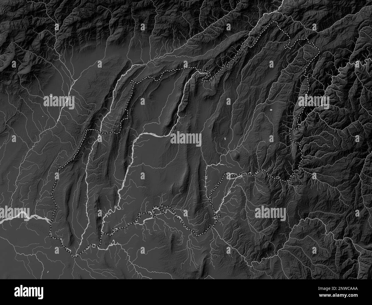 Khatlon, region of Tajikistan. Grayscale elevation map with lakes and ...