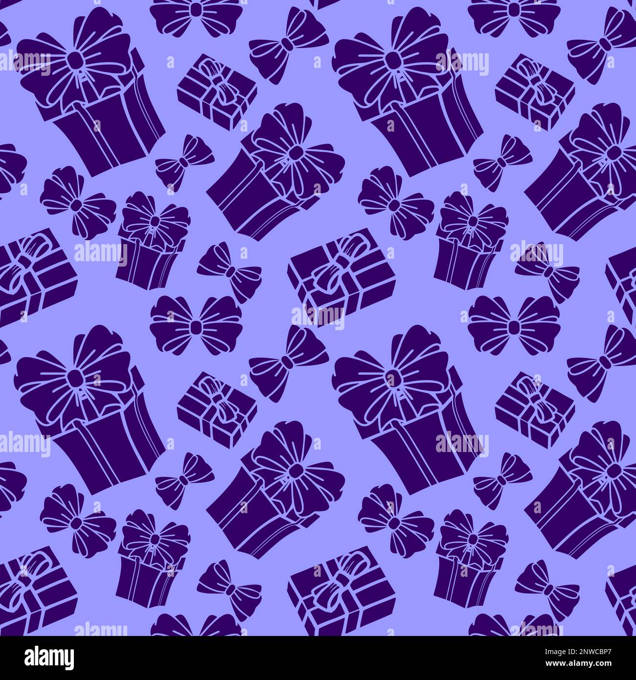 seamless asymmetrical pattern of dark blue gift boxes on a light blue