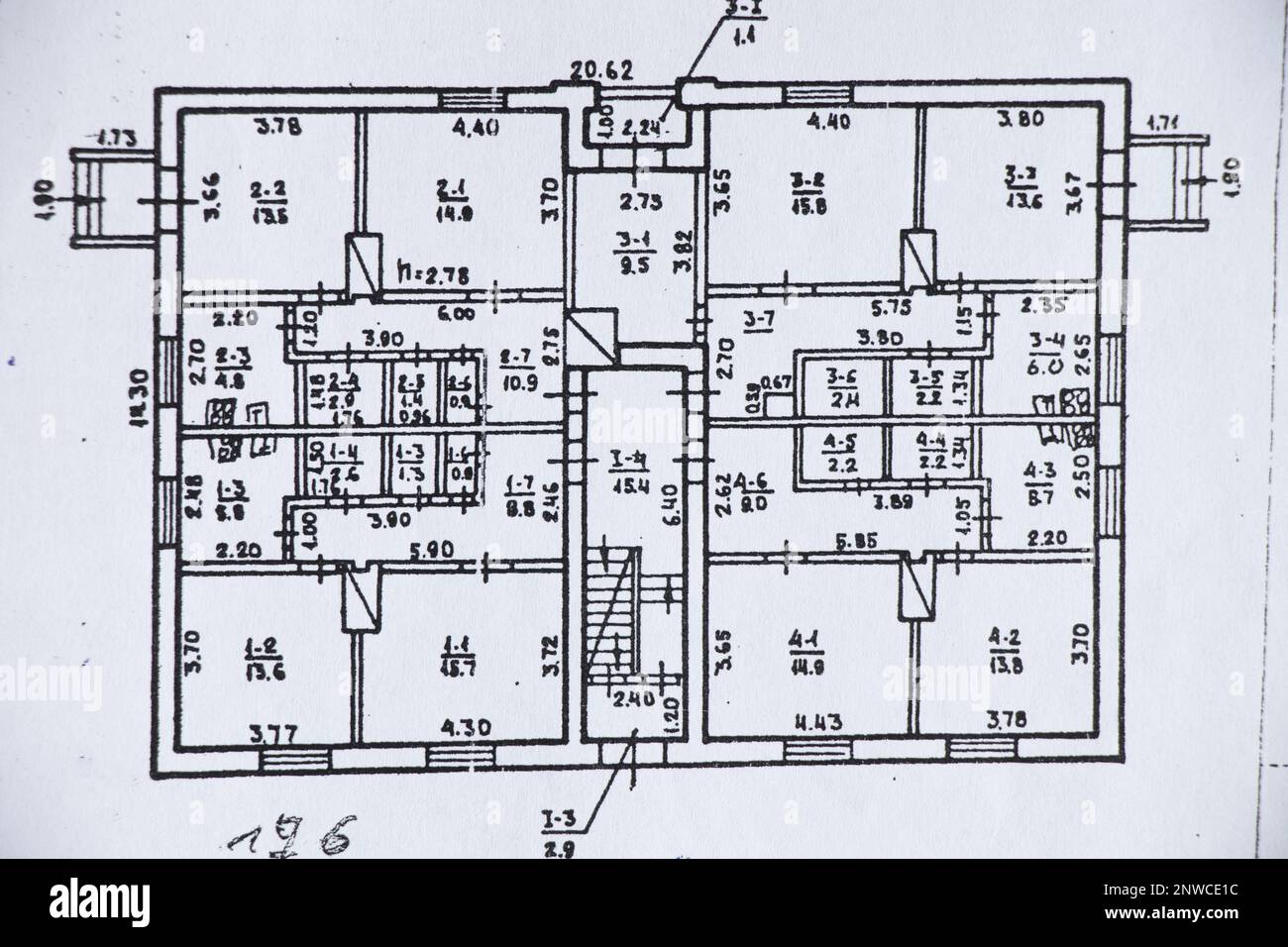 blueprint of an old two-story apartment building on white paper, house drawing on paper, house plan, building drawing Stock Photo