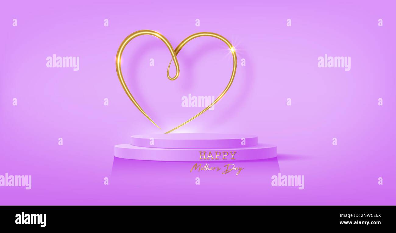 Mother's Day banner, 3d stage podium decorated with gold heart shape lighting. Pedestal scene for product, advertising, show, award ceremony, on pink Stock Vector