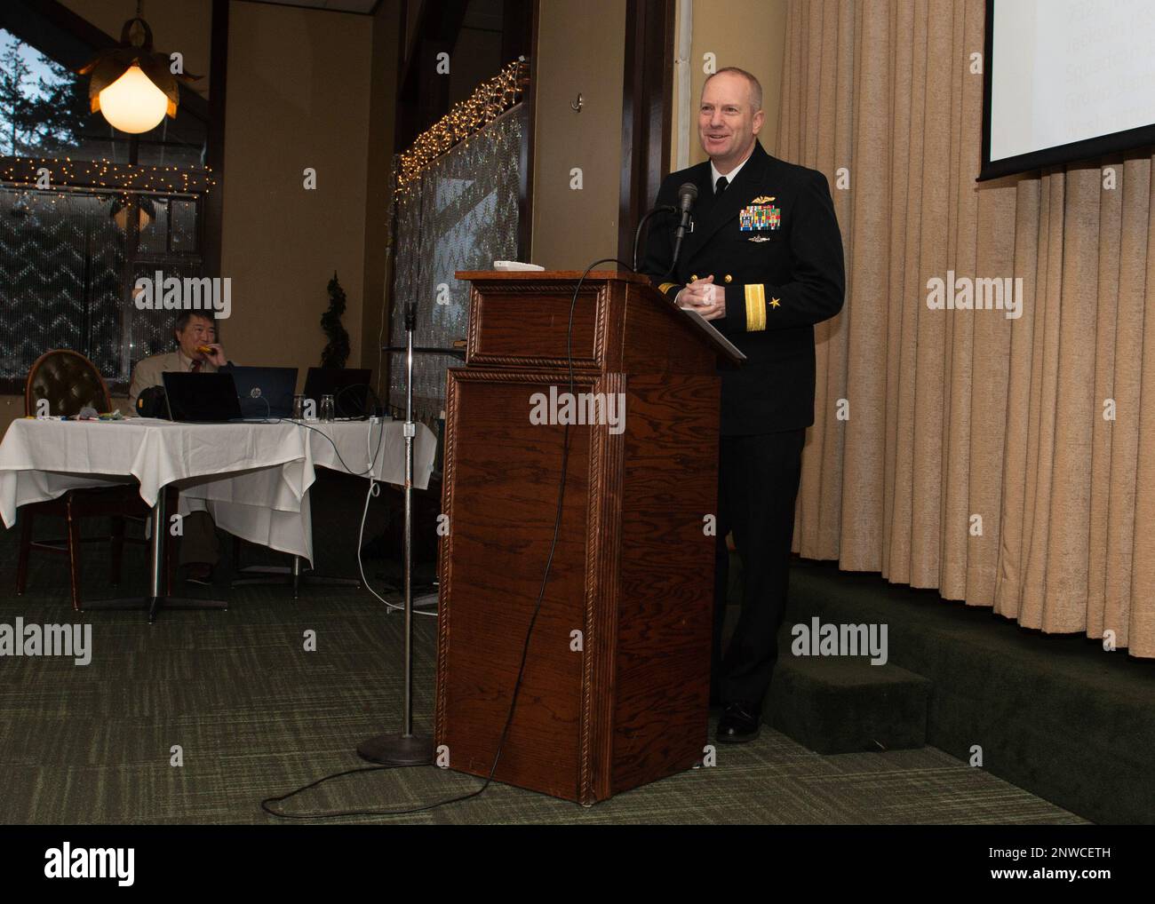230218-N-ED185-1013  BREMERTON, Wash. (Feb. 18, 2023) Rear Adm. Mark Behning, commander, Submarine Group 9, speaks during the Junior Science and Humanities Symposium (JSHS) in Bremerton, Washington, February 18, 2023. The JSHS is a Department of Defense sponsored science, technology, engineering and mathematics (STEM) program that encourages high school students to conduct original research in the fields of STEM. Stock Photo