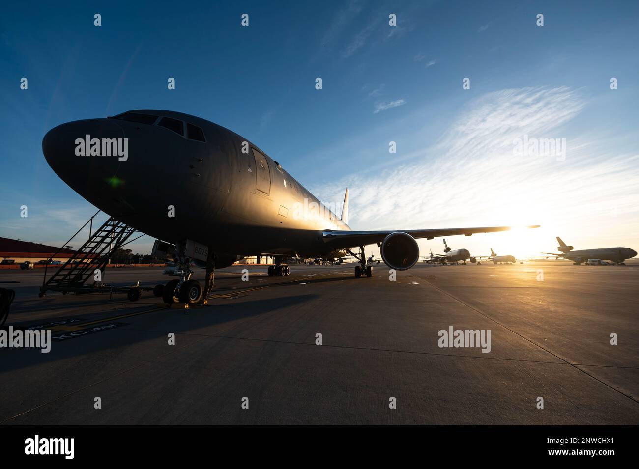 A U.S. Air Force KC-46A Pegasus sits on the flight line at Travis Air Force  Base, California, Feb. 8, 2023. The 6th and 9th Air Refueling Squadrons  trained alongside Airmen from the