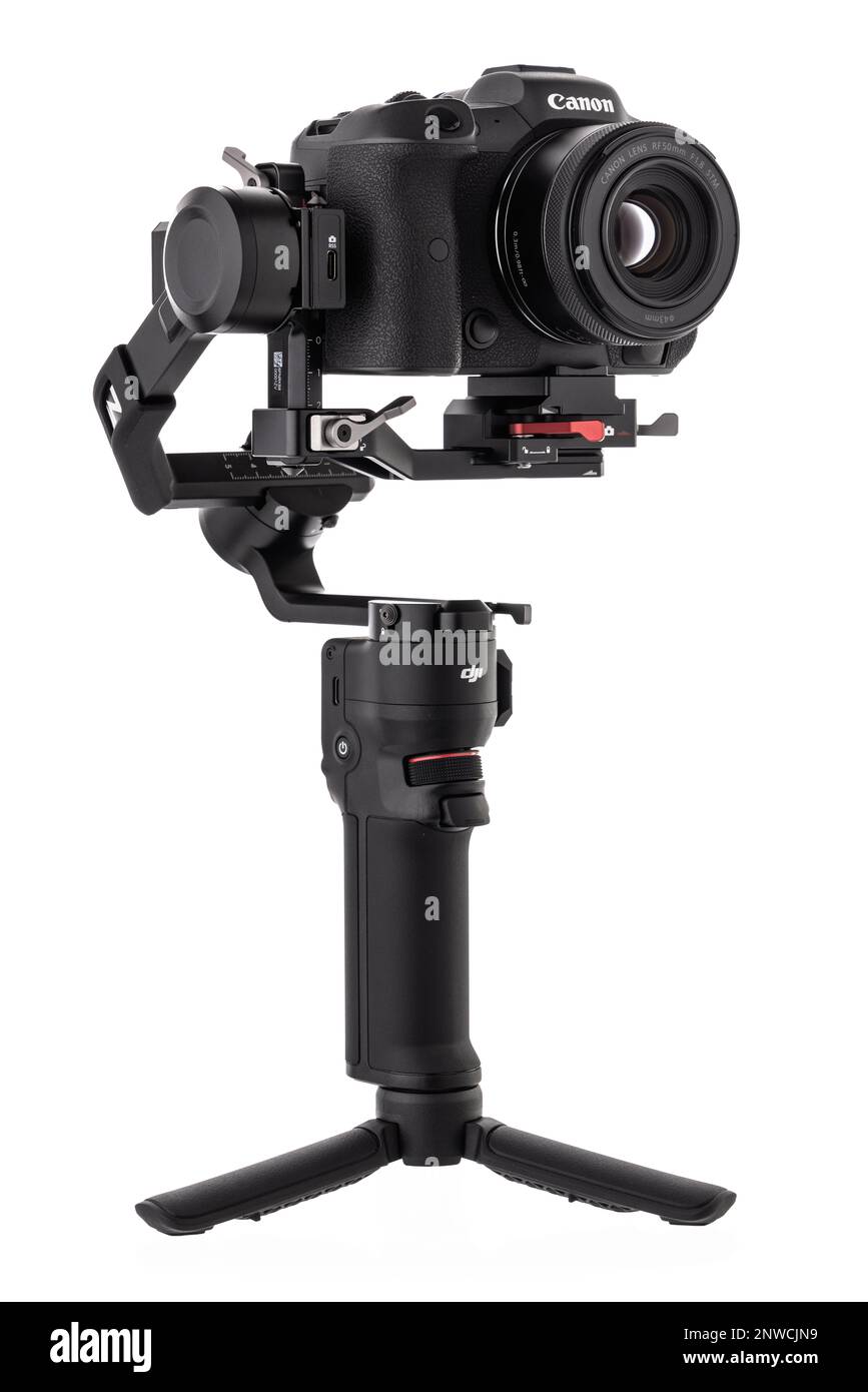 Varna, Bulgaria - February 17 ,2023: Canon R5 and DJI Ronin 3 mini is Three-Axis Motorized Gimbal Stabilizer for DSLR or Mirrorless Cameras manufactur Stock Photo