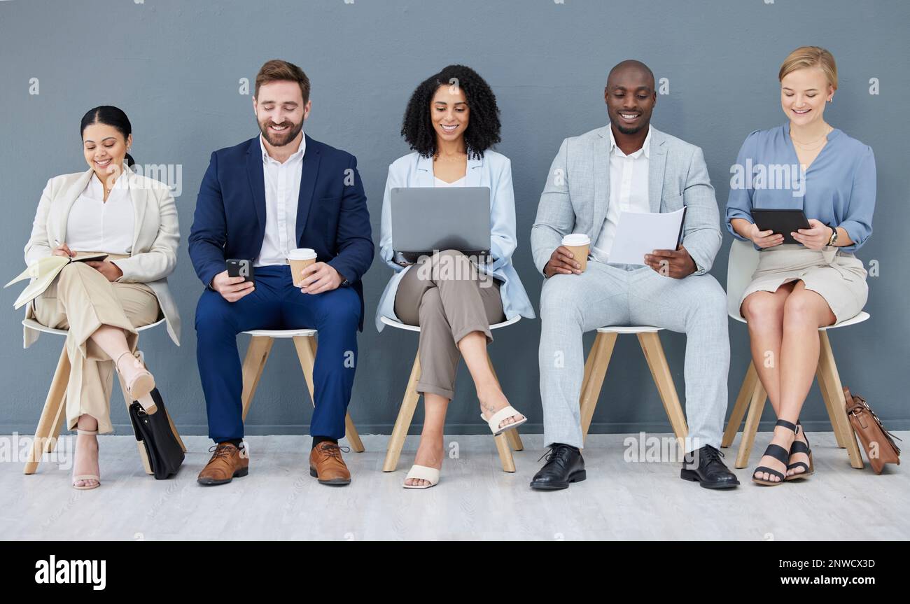 Business people, diversity and networking in row for recruitment ...