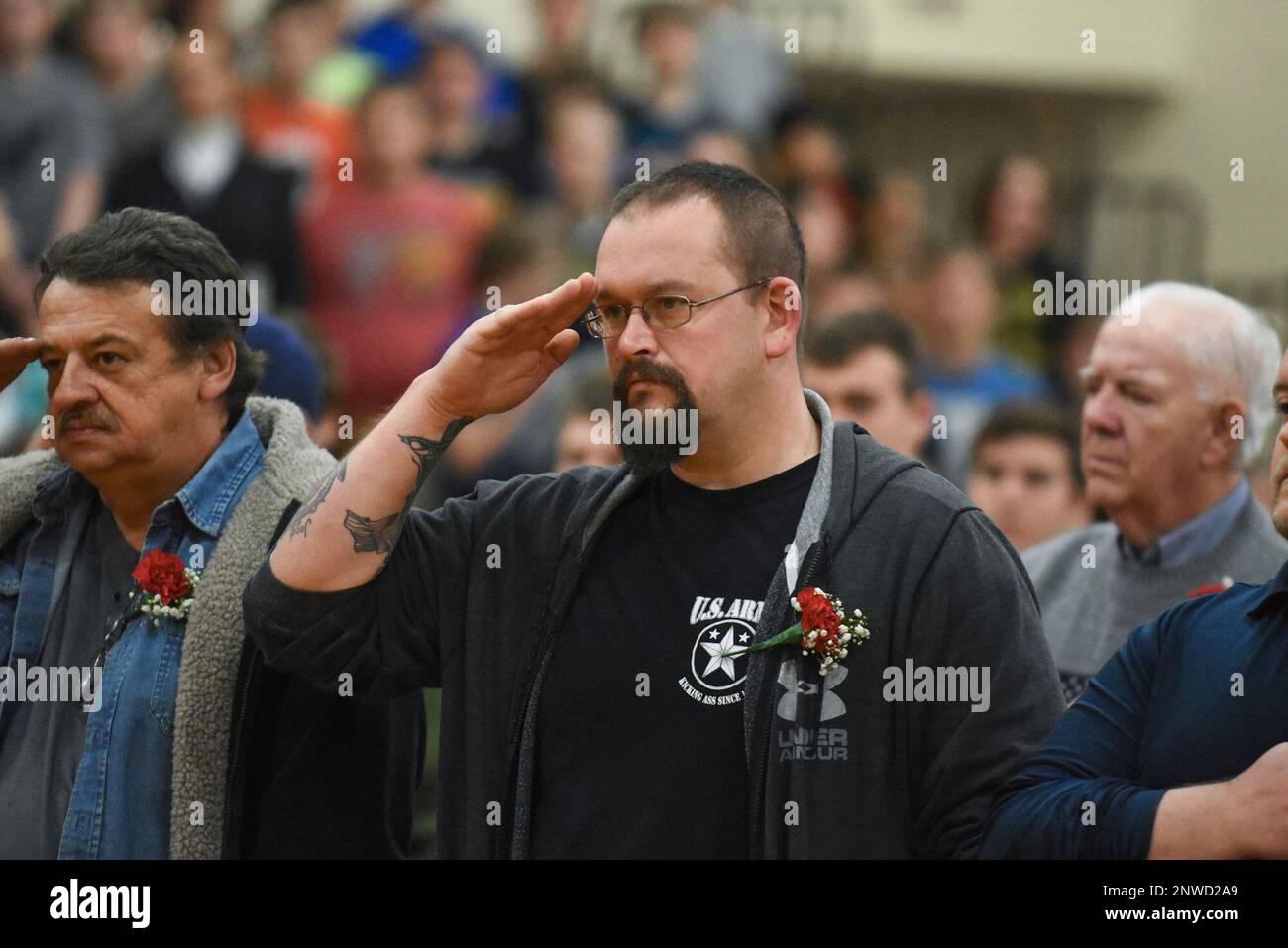 Army Veteran Brad Miller, Mahanoy City, Pa., salutes the American flag