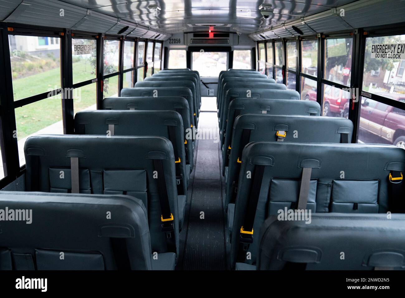 The interior of a new electric school bus at John Lewis Elementary School in Washington, DC on October 26, 2022. The Biden administration will grant $1 billion to school districts to buy electric buses. Credit: Sarah Silbiger/CNP /MediaPunch Stock Photo