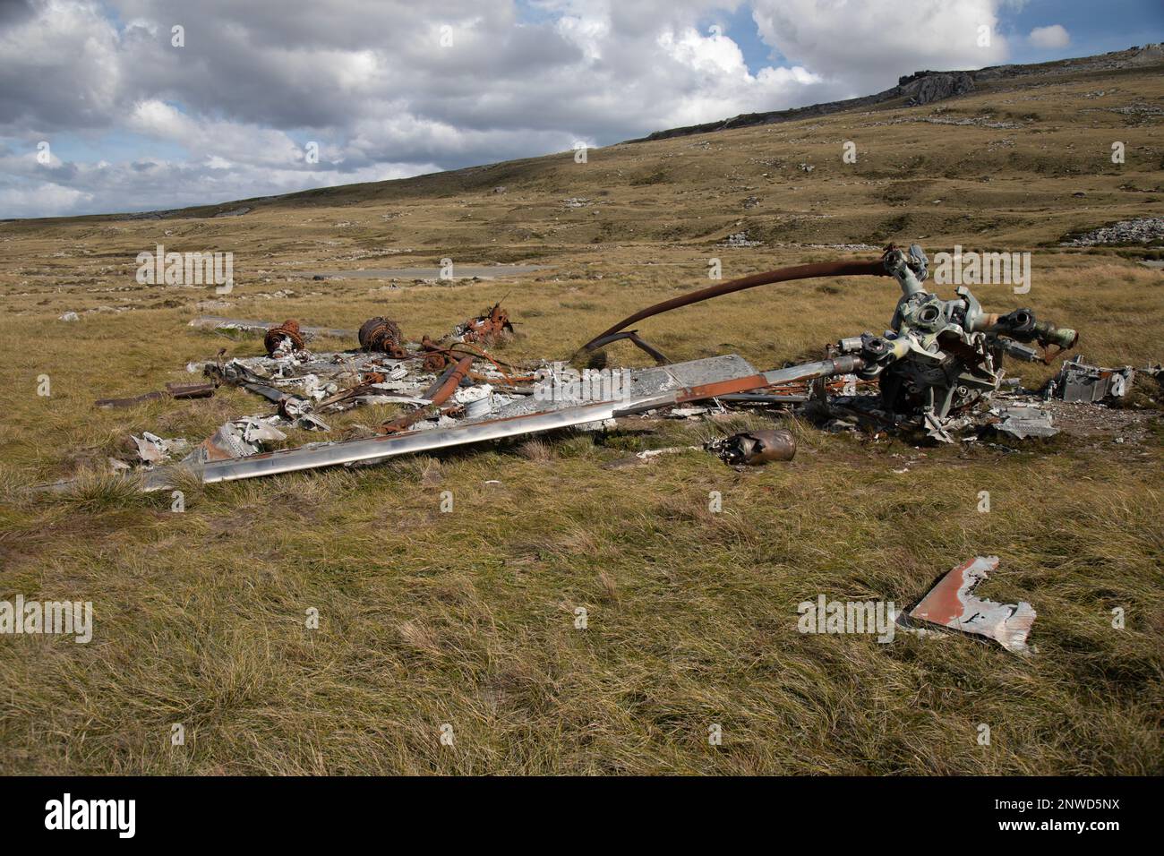 The wreckage of an Argentinian Air Force Chinook CH-47C Helicopter, destroyed by a Royal Air Force Harrier GR.3 on 21st May 1982. Falkland Islands. Stock Photo