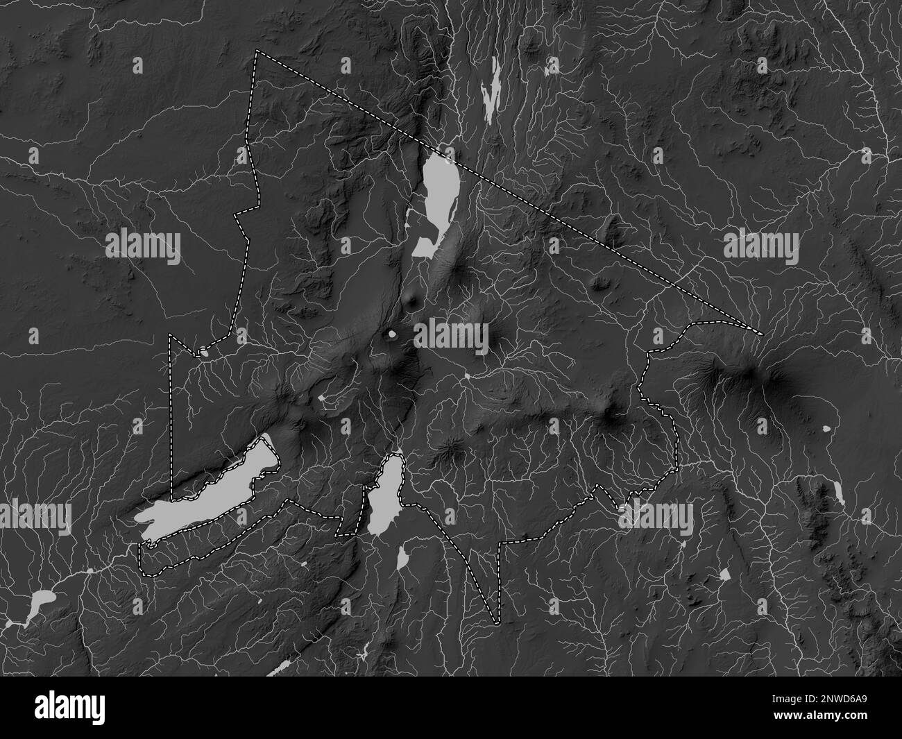 Arusha, region of Tanzania. Grayscale elevation map with lakes and rivers Stock Photo
