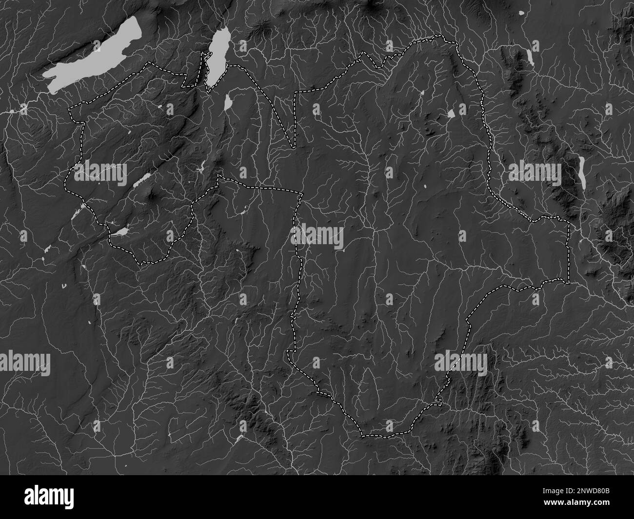 Manyara, region of Tanzania. Grayscale elevation map with lakes and rivers Stock Photo