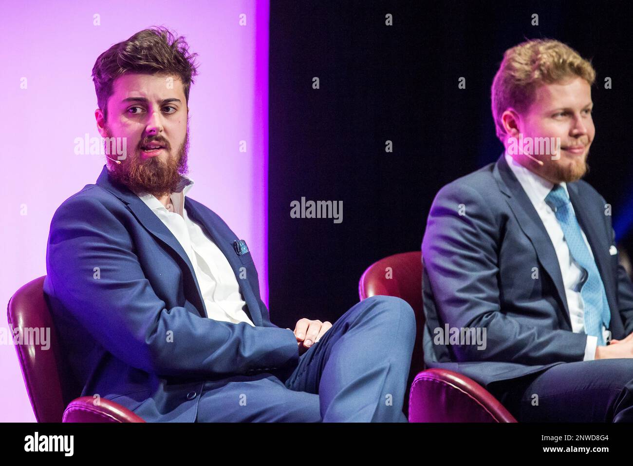 Franklyn Richards, COO Litecoin, and Victor Philippenko, CEO and Founder  Ammer Capital, right, speak at the CV Summit, Crypto Valley Summit, in Zug,  Switzerland, Wednesday, Nov 7, 2018. (Alexandra Wey/Keystone via AP