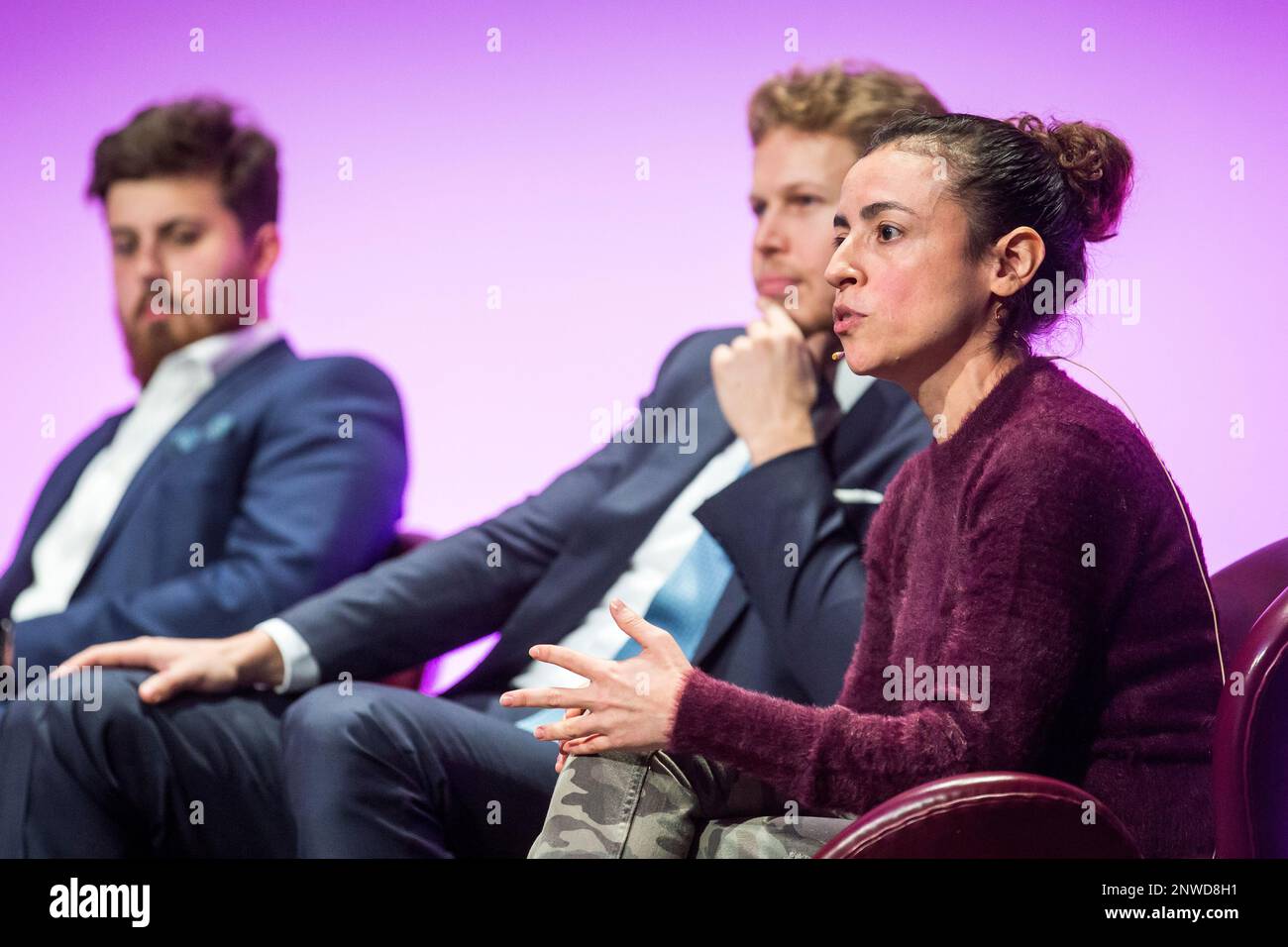 Franklyn Richards, COO Litecoin, Victor Philippenko, CEO and Founder Ammer  Capital, and Maria Gomez, Board member CVA, Crypto Valley Association, from  left, speak at the CV Summit, Crypto Valley Summit, in Zug,