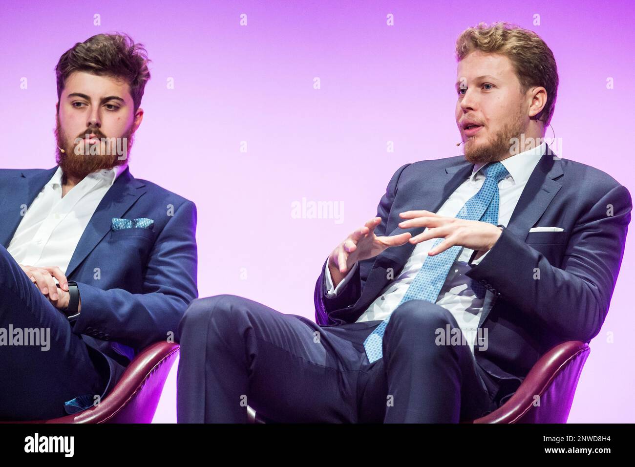 Franklyn Richards, COO Litecoin, and Victor Philippenko, CEO and Founder  Ammer Capital, right, speak at the CV Summit, Crypto Valley Summit, in Zug,  Switzerland, Wednesday, Nov 7, 2018. (Alexandra Wey/Keystone via AP